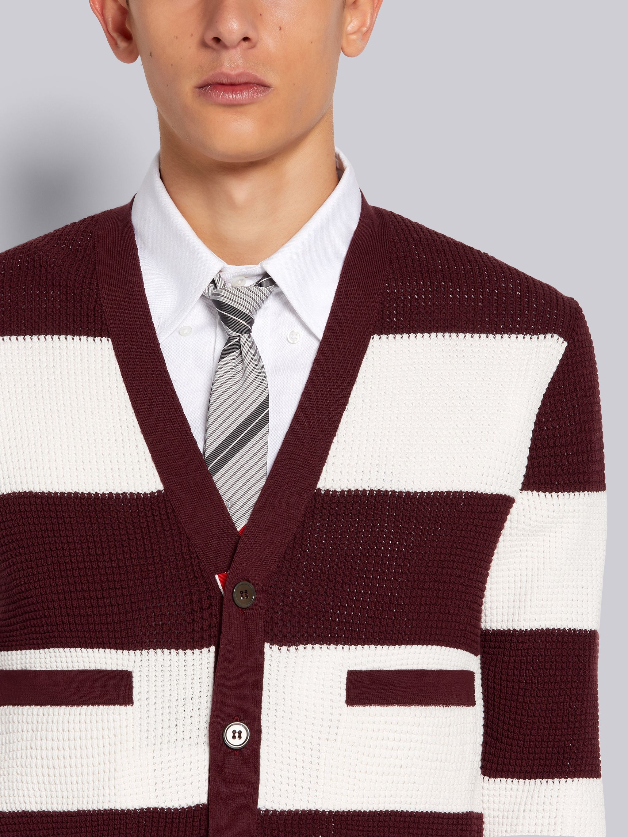 Dark Red Cotton Textured Rugby Stripe Classic Fit Cardigan - 5