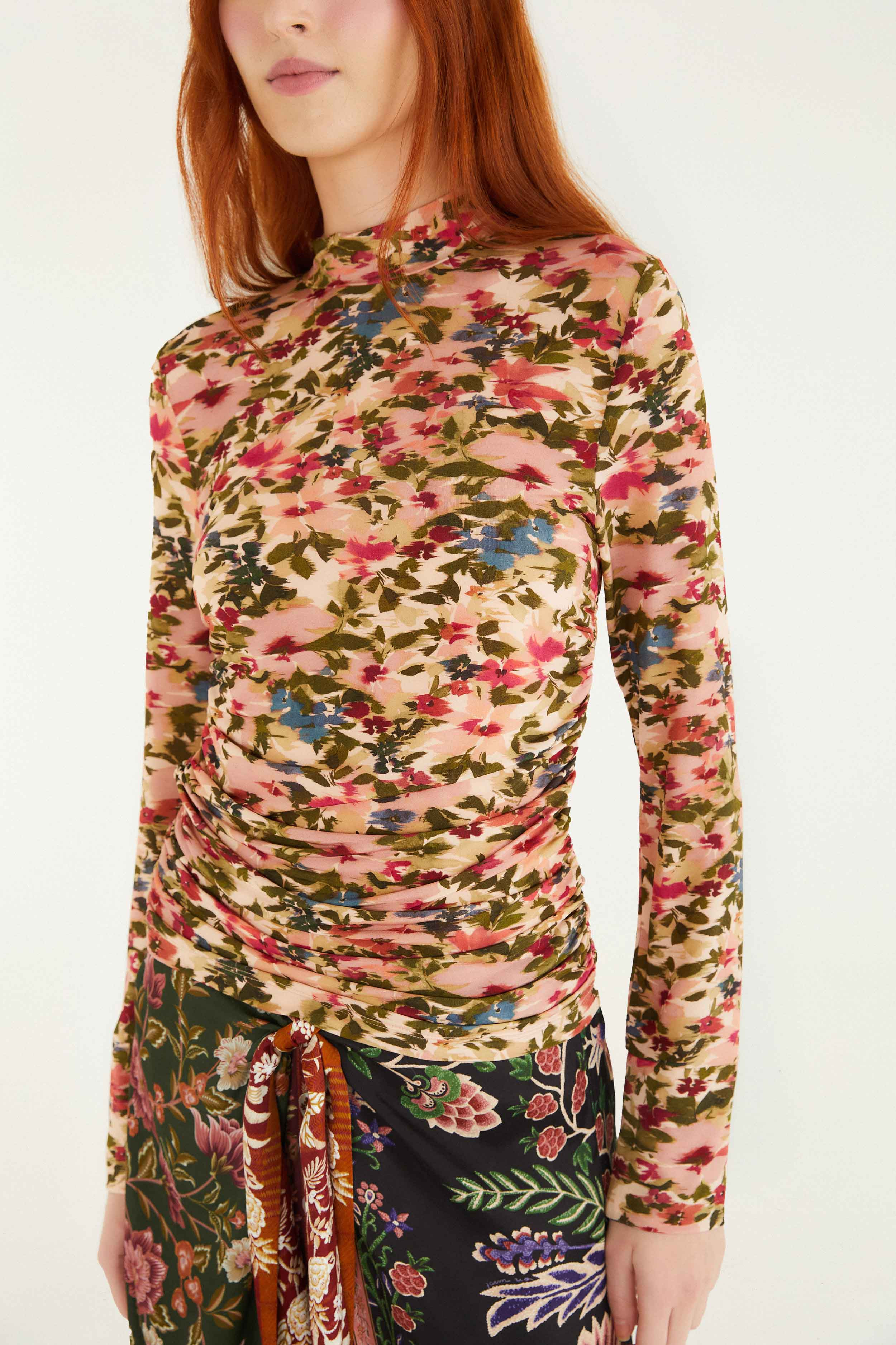 Pink Ikat Tiny Flowers Jersey Blouse - 2