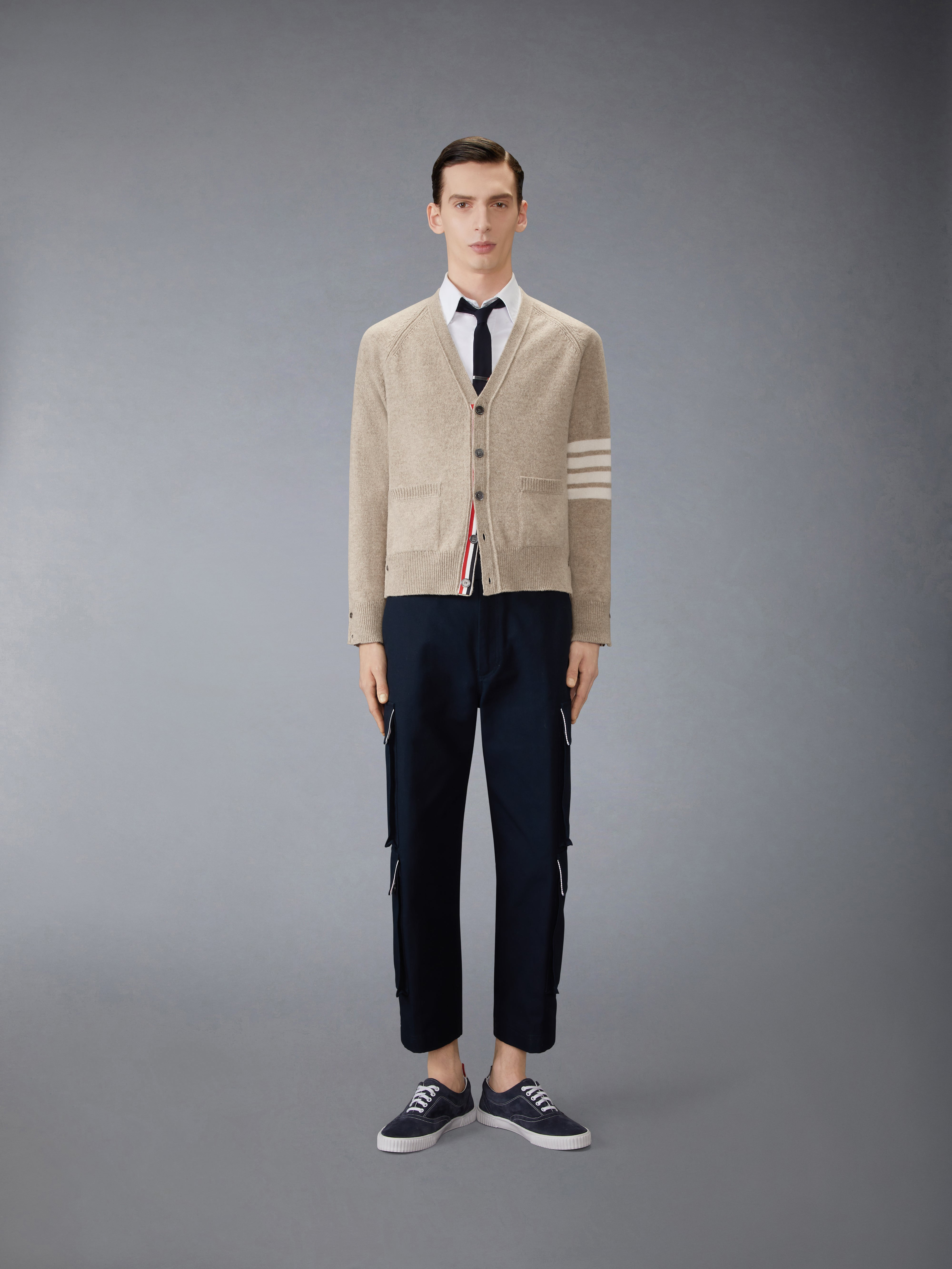 SHETLAND WOOL 4-BAR RELAXED FIT V NECK CARDIGAN - 4