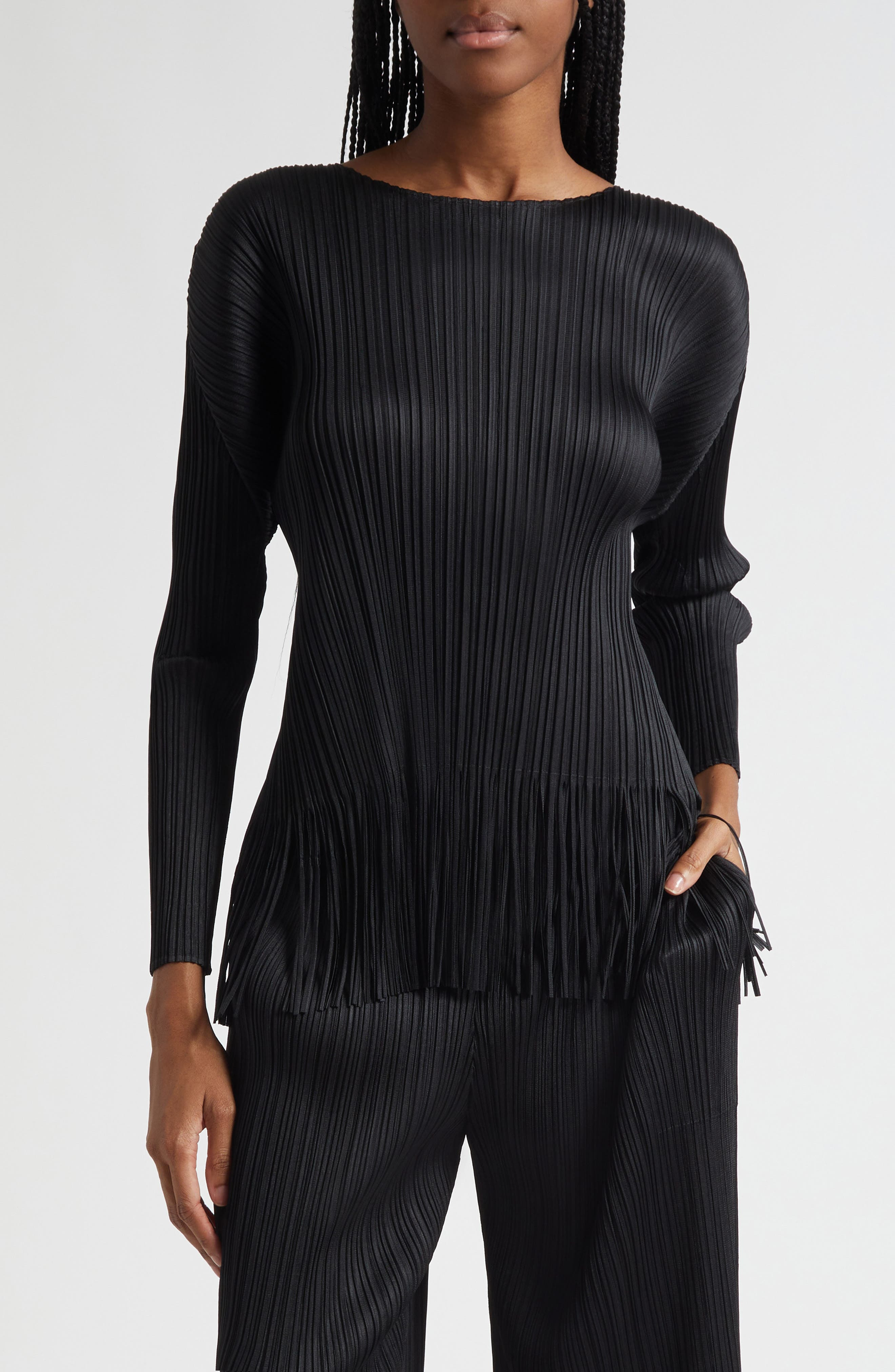 Pleats Please Issey Miyake Wave Pleated Fringe Top in Black at Nordstrom - 1