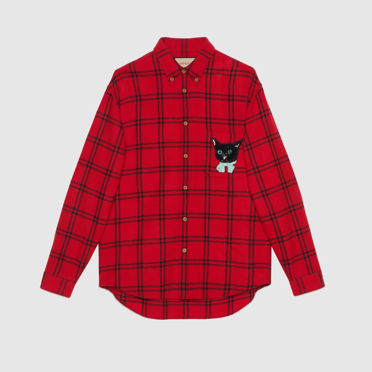 Check wool shirt with Gucci cat patch - 1