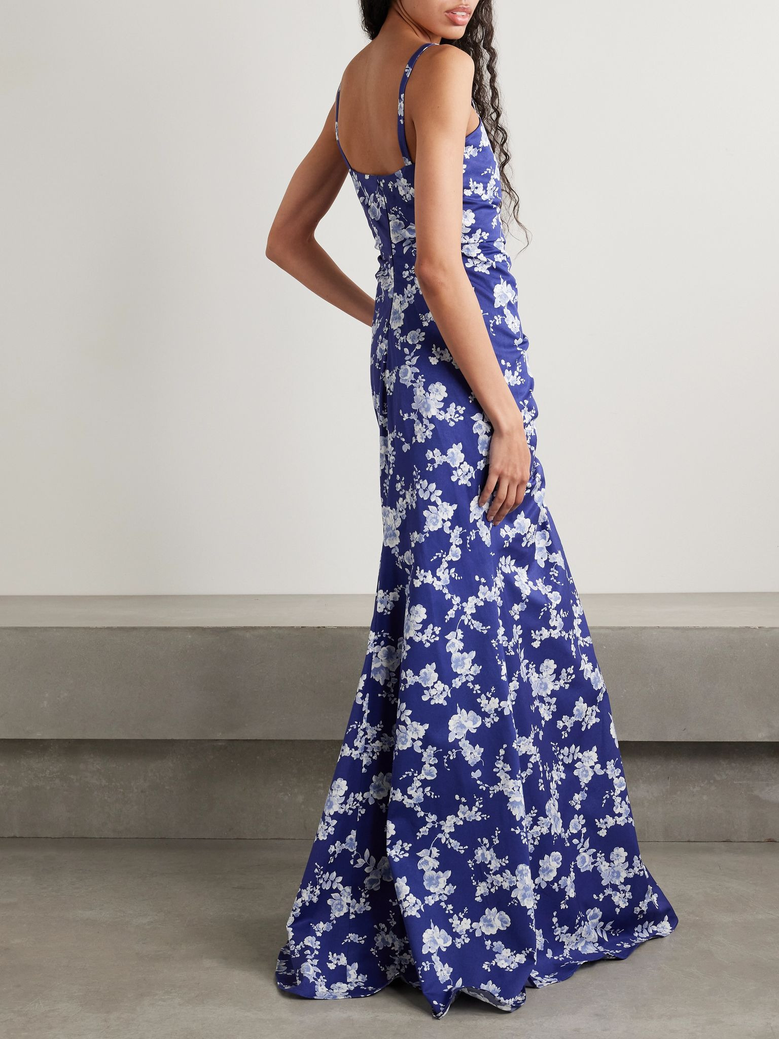 Ruched floral-print faille gown Bright blue - 3