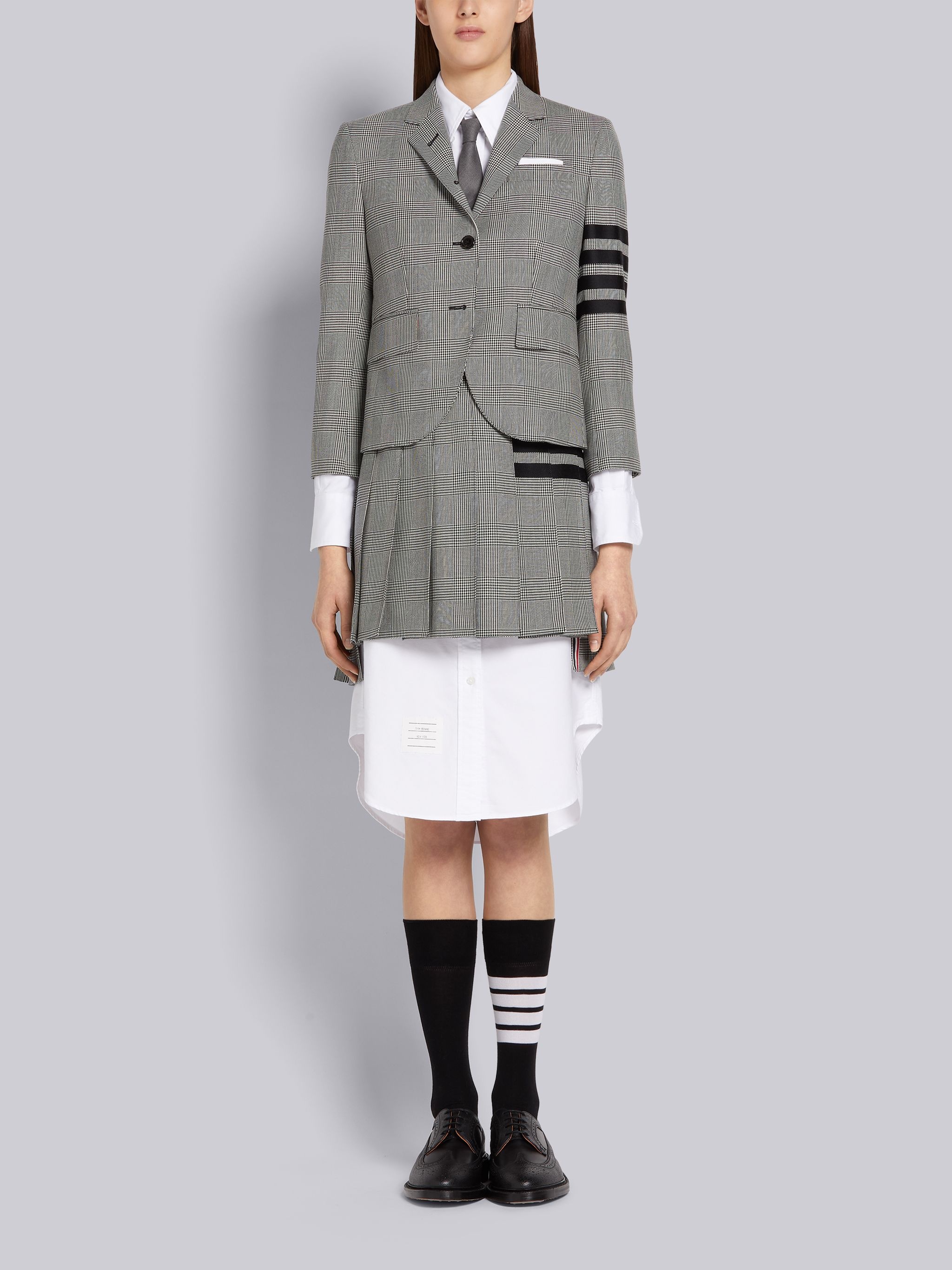 Black and White Heavy Wool Engineered 4-bar Dropped Back Pleated Mini Skirt - 4