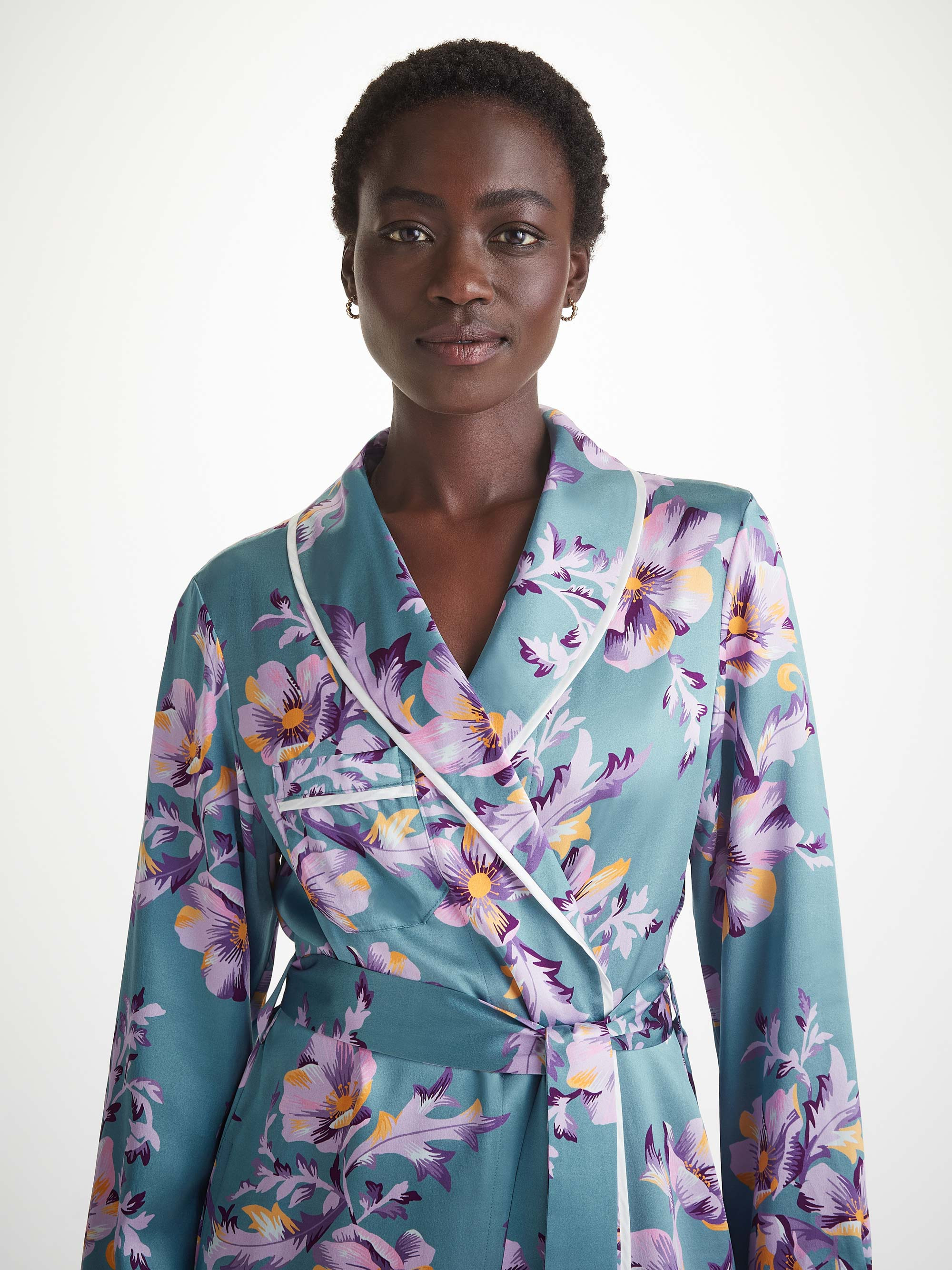 Women's Long Robe Silk Satin Blue Wildflower Pattern - 6