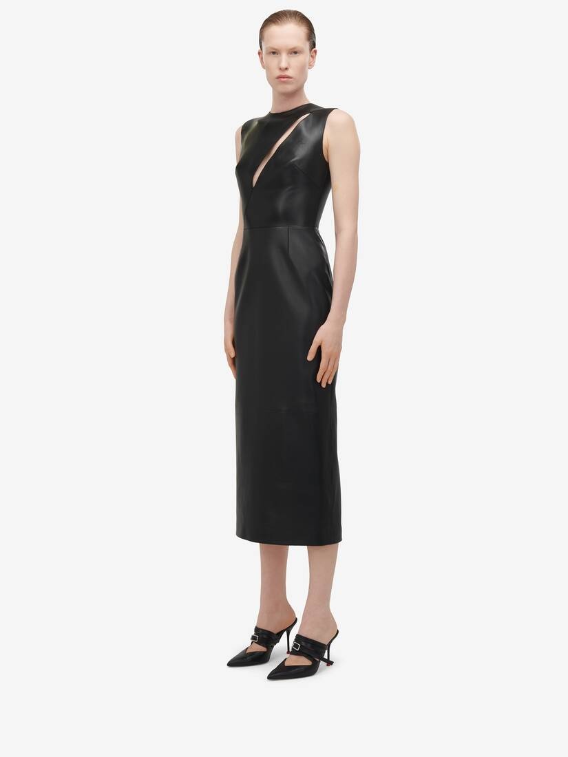 Women's Leather Slashed Pencil Dress in Black - 5