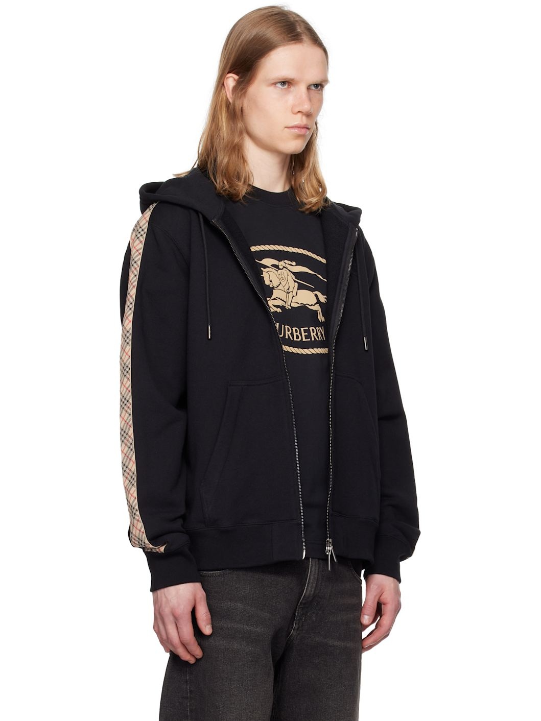 Black Check Trim Cotton Zip Hoodie - 2
