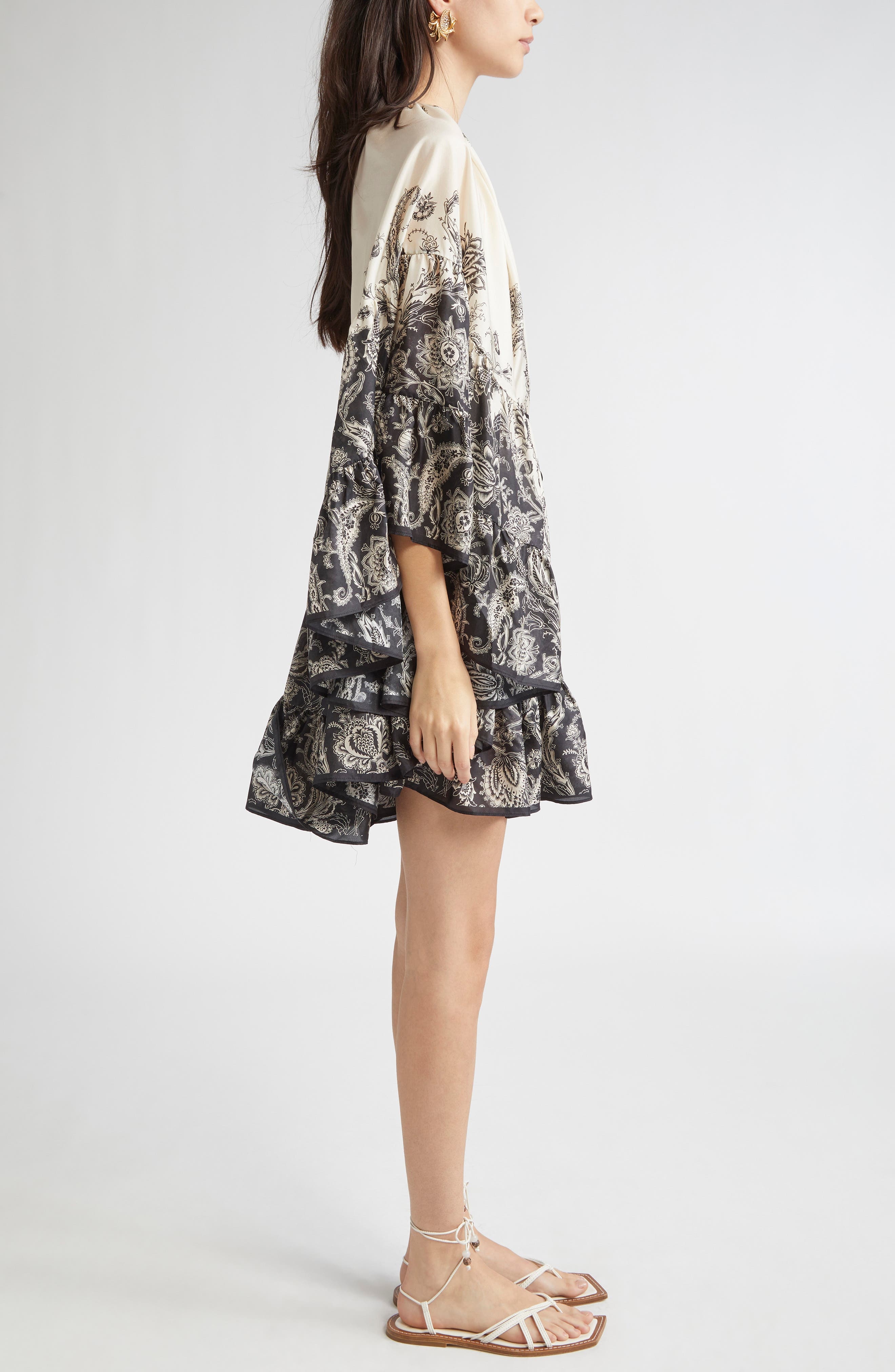 Zimmermann Rhiannon Long Sleeve Silk Habutai Lantern Minidress in Cream/Black Floral at Nordstrom - 3