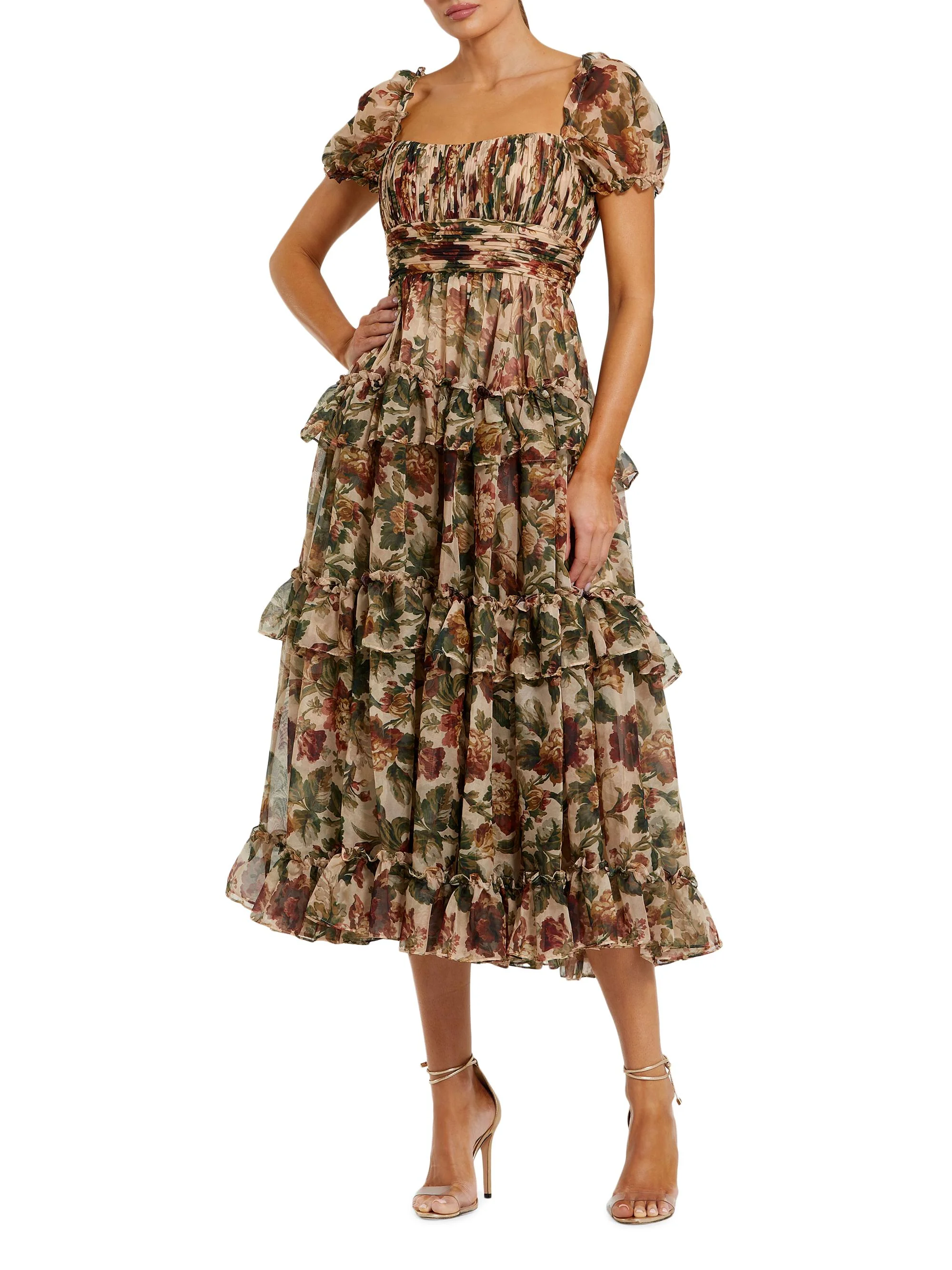 Women's Floral Ruffled Chiffon Midi-Dress - Cream Multi - 1