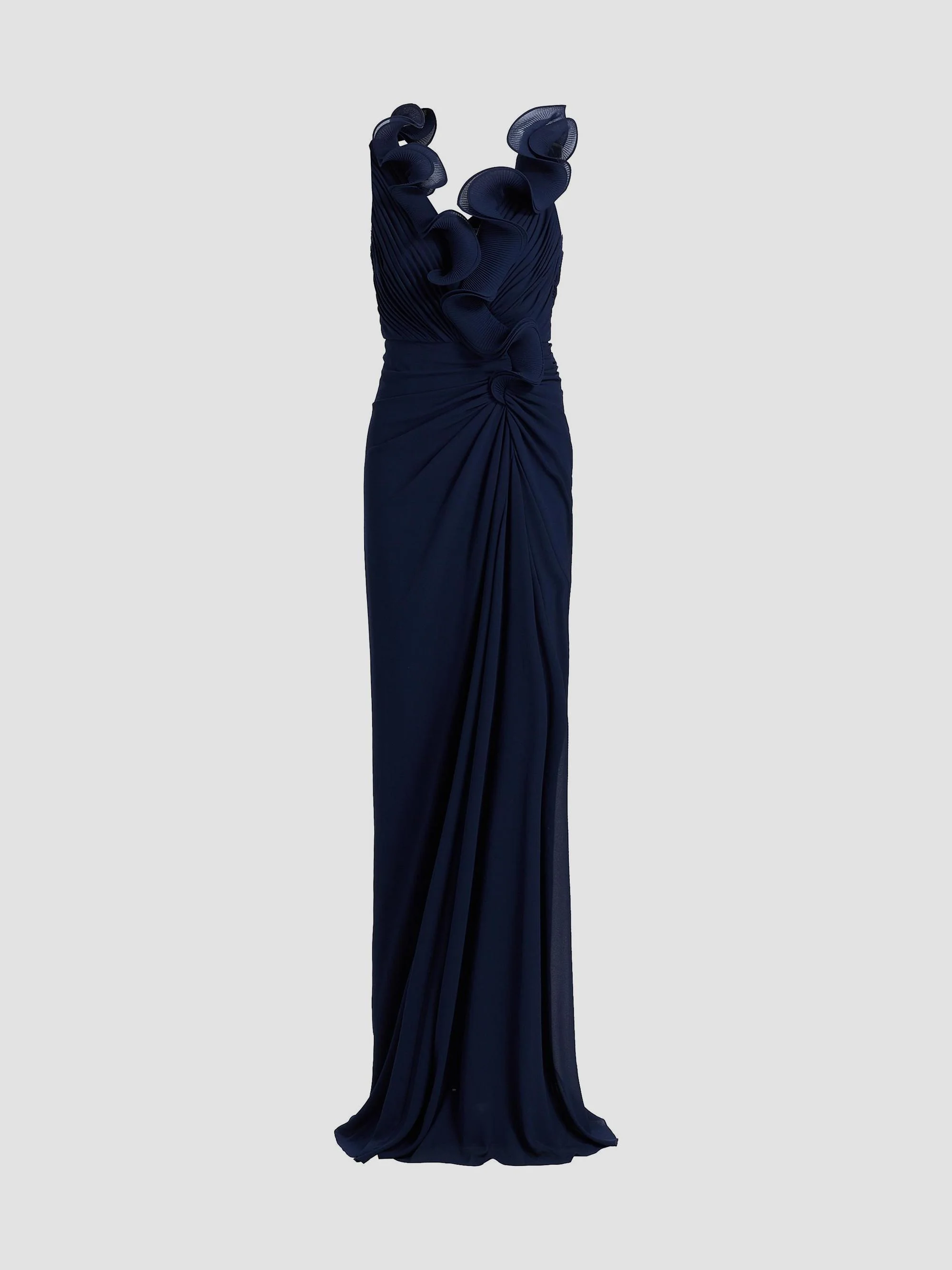 Women's Gathered Ruffle Column Gown - Navy - 1