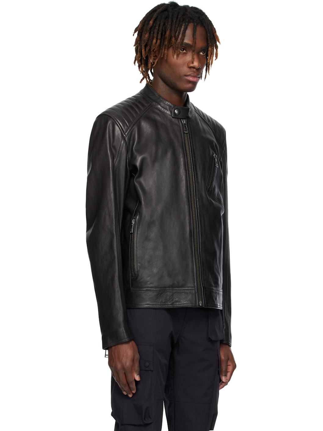 Black V Racer Leather Jacket - 2