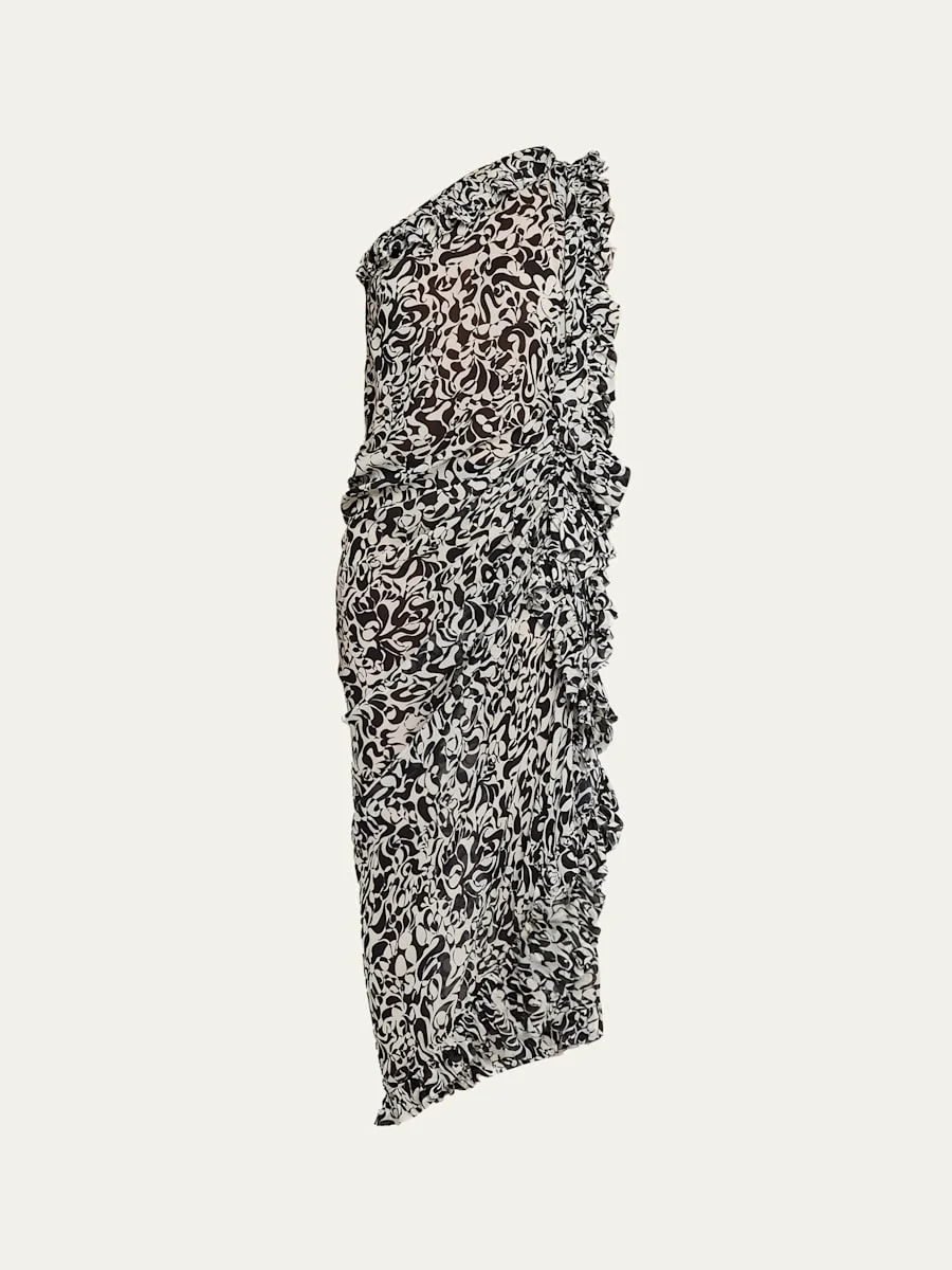 Dina One-Shoulder Abstract-Print Ruffle Midi Dress - 1