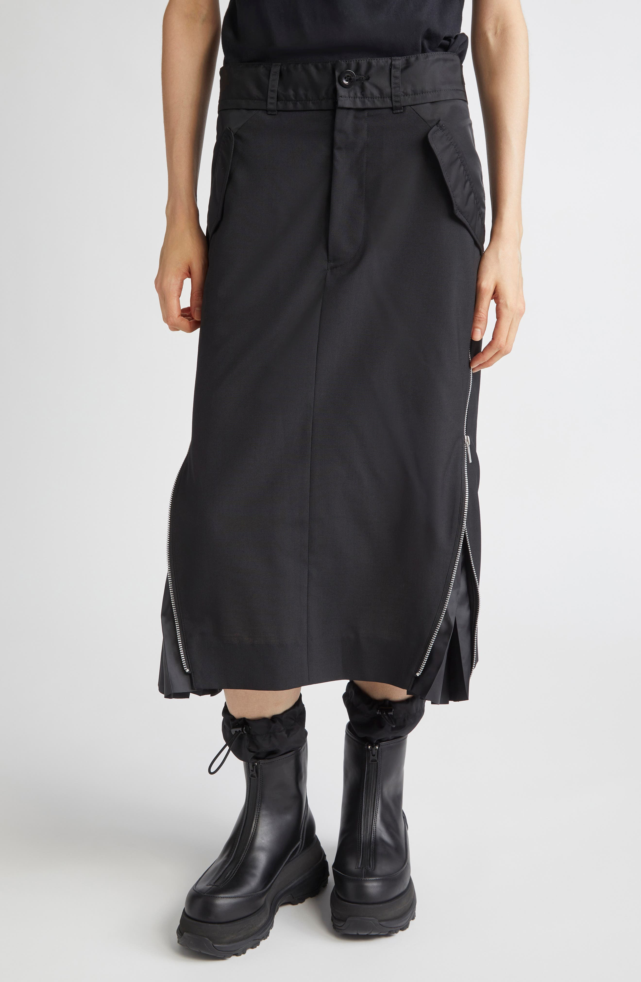 Sacai Suiting Mixed Media Midi Skirt in Black at Nordstrom - 1