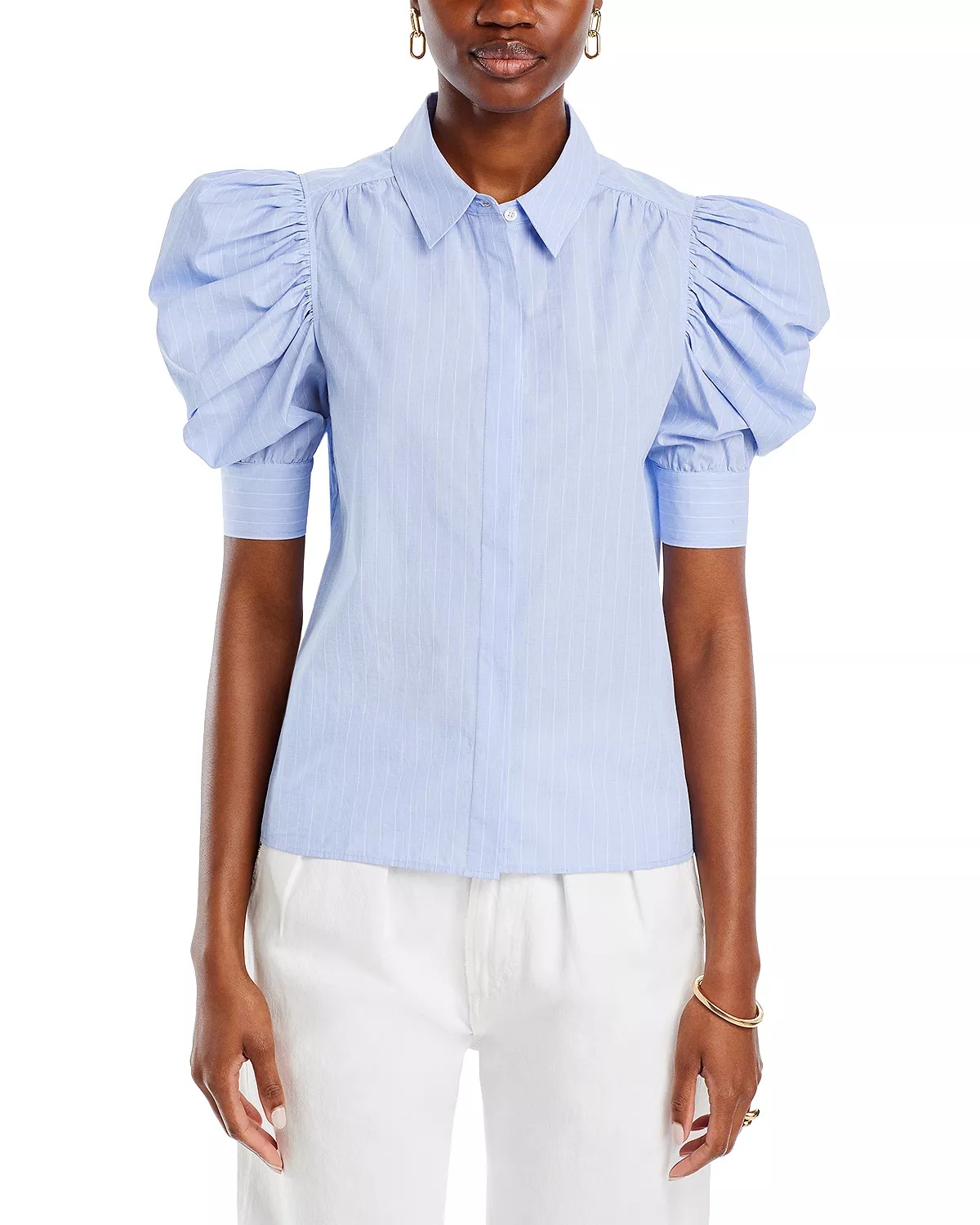 Striped Puff Sleeve Button Front Shirt - 6
