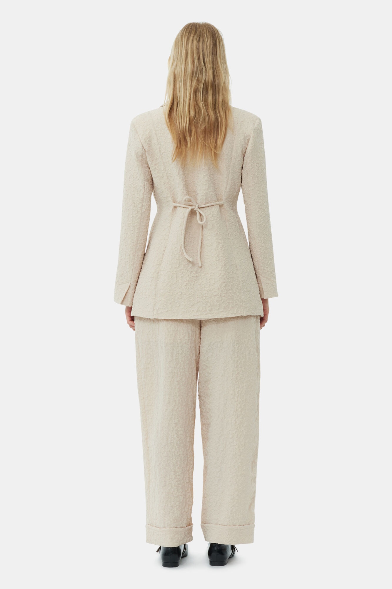 BEIGE TEXTURED SUITING TIE STRING BLAZER - 5