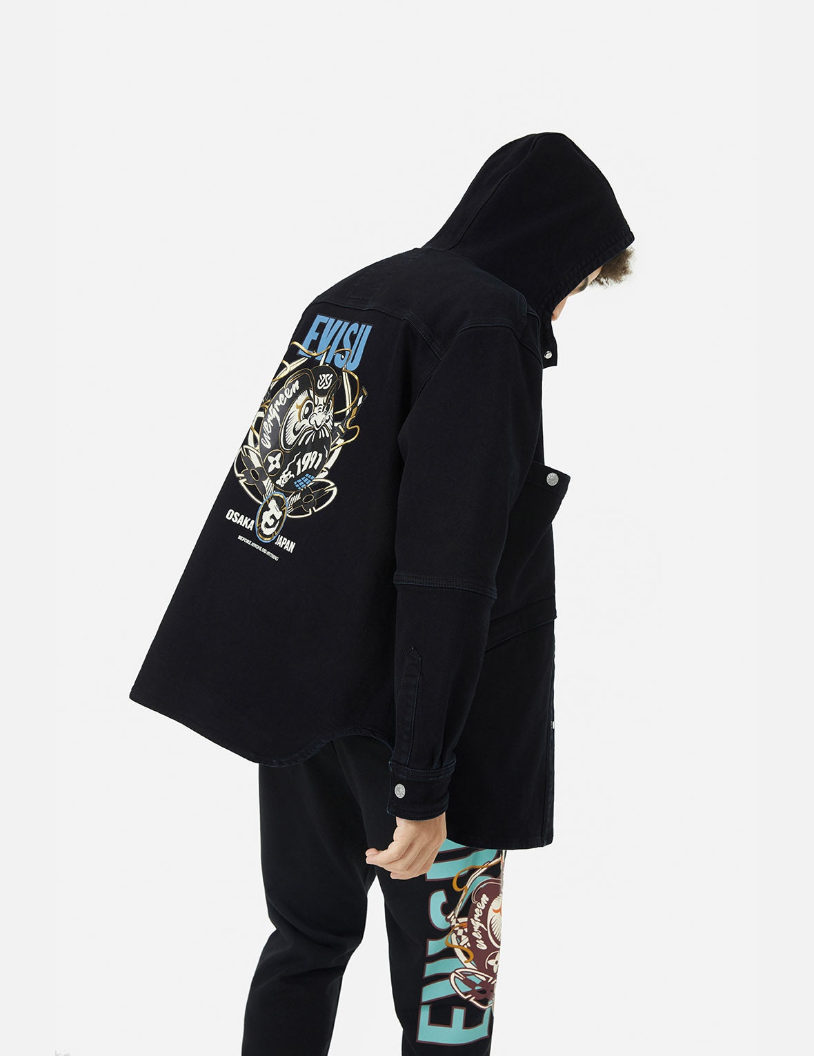 Ninja Daruma and Logo Print Regular Fit Hooded Denim Shirt Jacket - 5