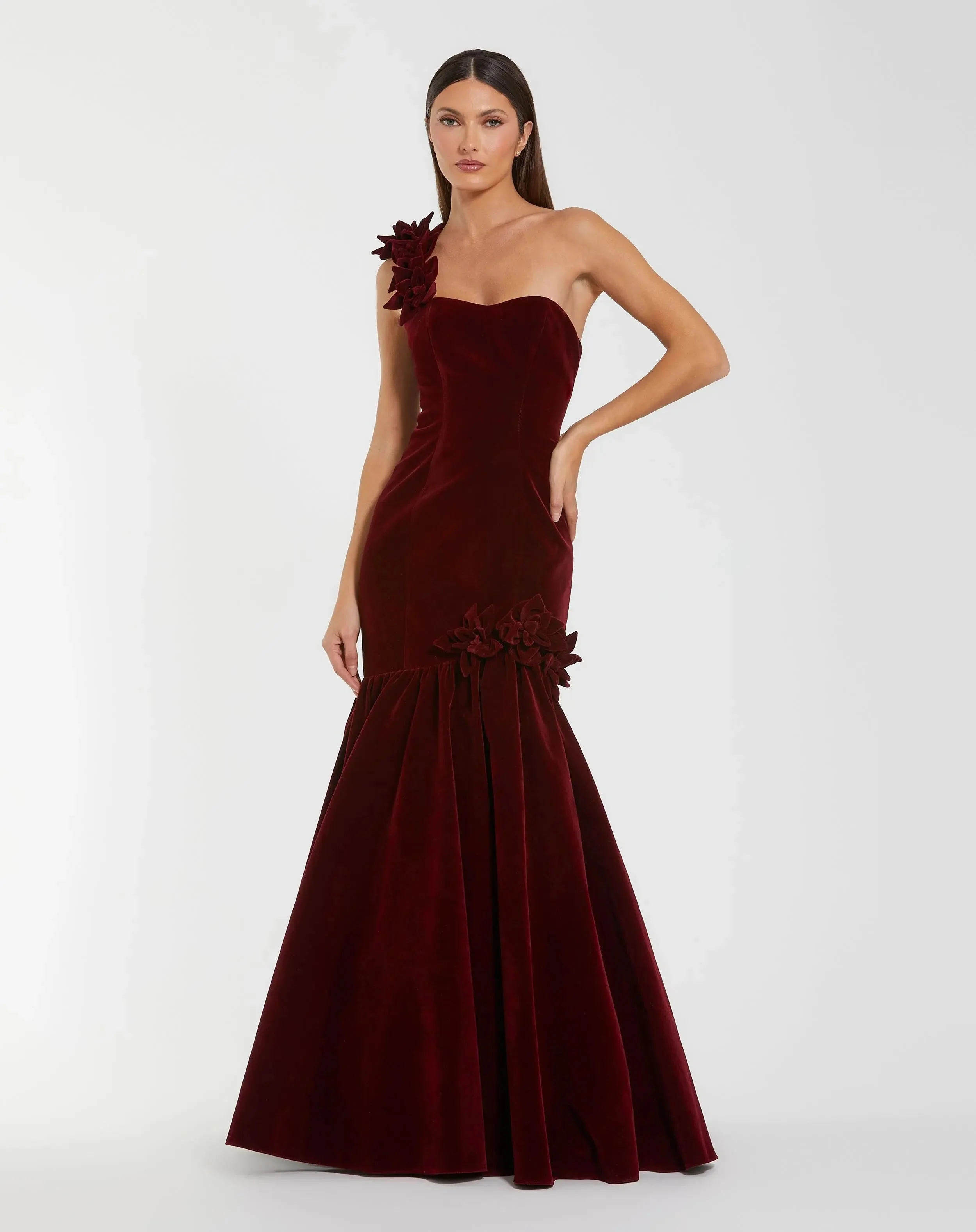 Dark Red Velvet One Shoulder Trumpet Gown With Flowers - 1