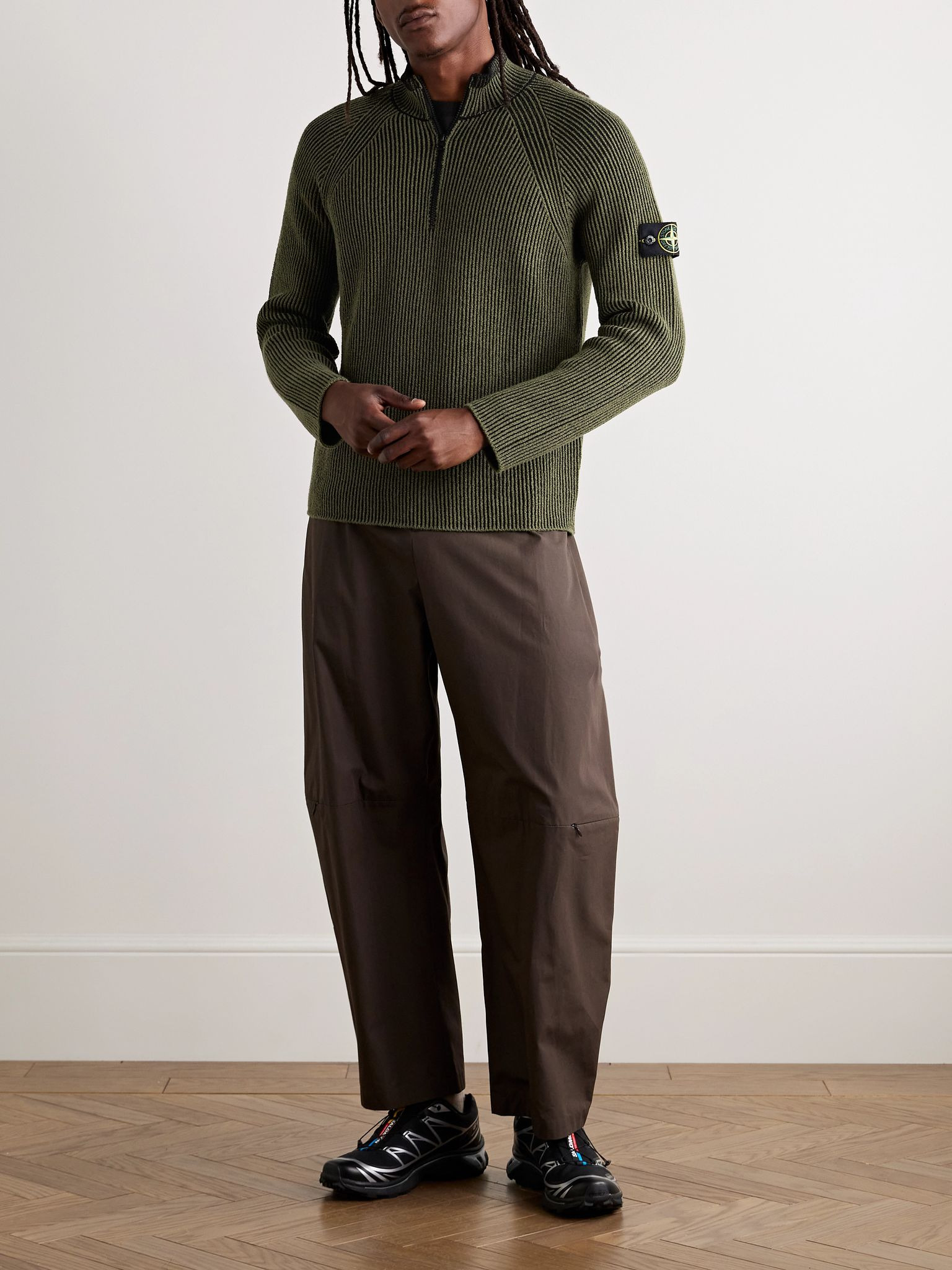 Logo-Appliquéd Ribbed Wool-Blend Half-Zip Sweater Green - 2