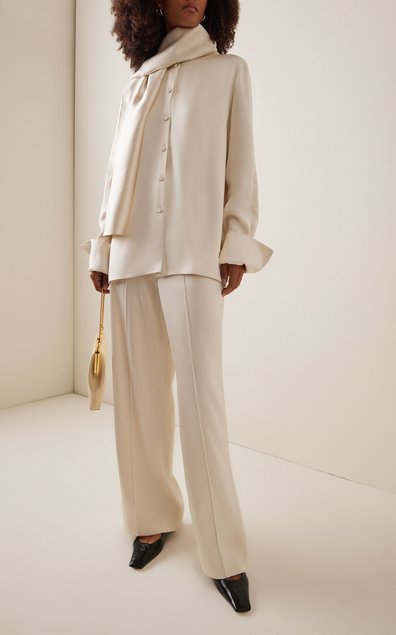 Another Tomorrow Scarf-Detailed Satin Shirt ivory outlook