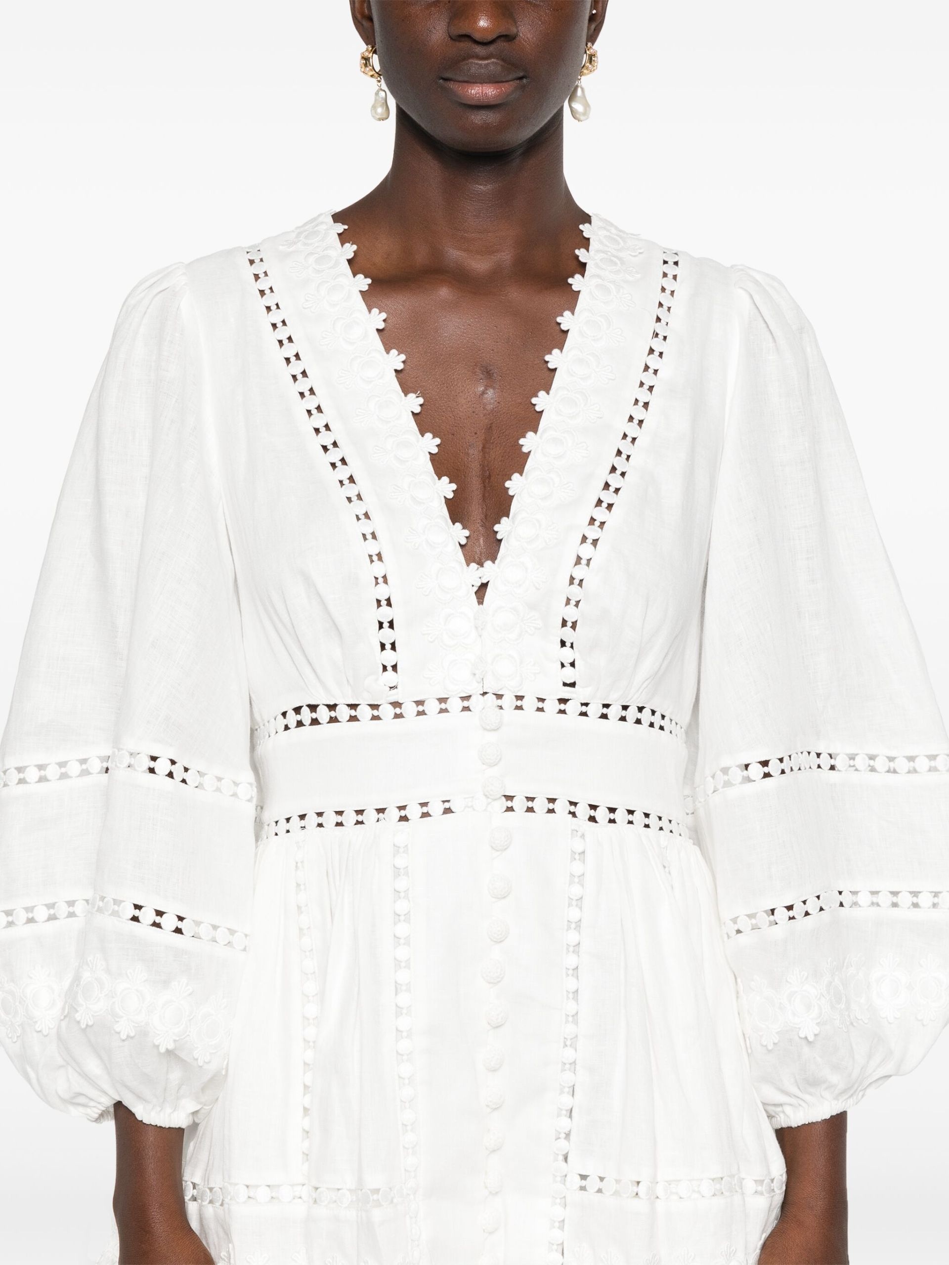 White Embroidered Linen Mini Dress - 5