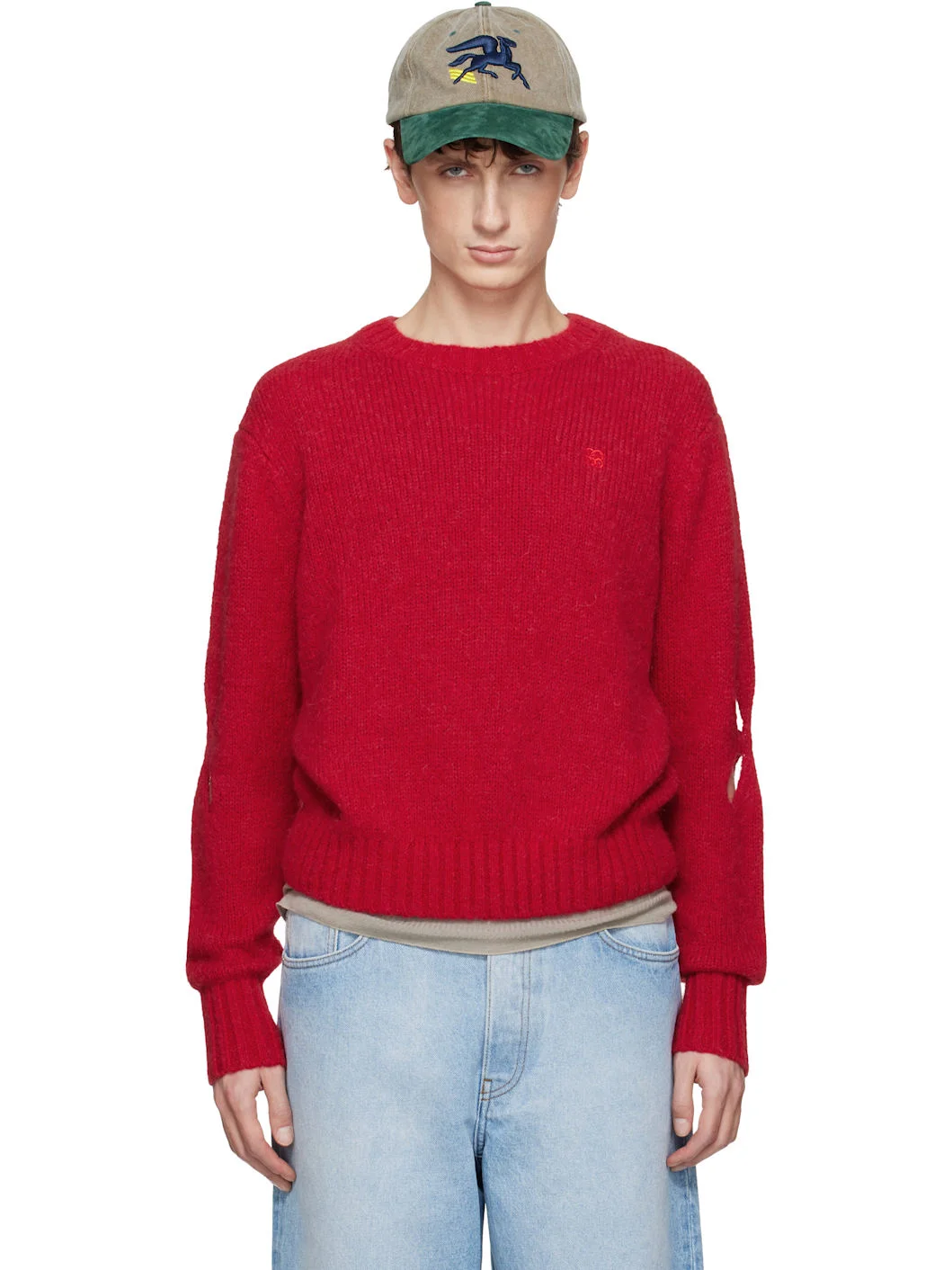 Red Slashed Shaggy Sweater - 1