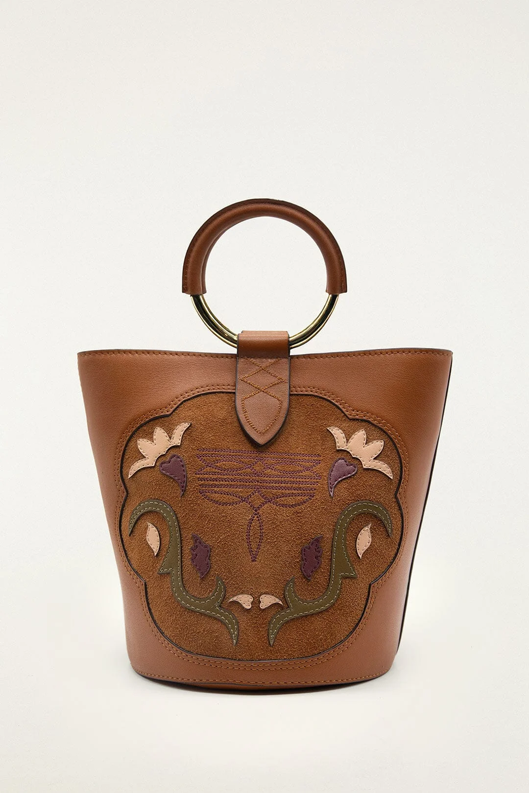 Brown Western Embroidered Leather Bucket Bag - 1