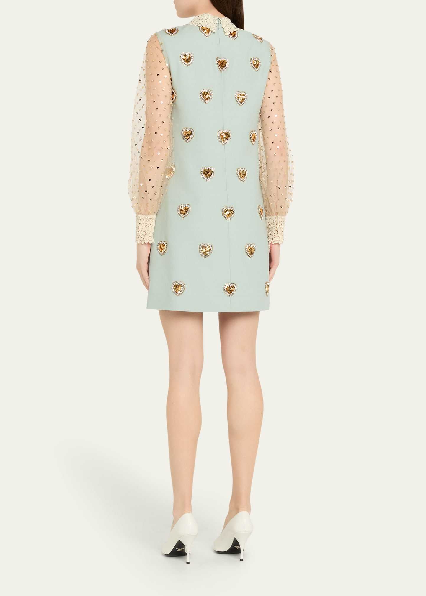 Bow Crystal Heart Sheer Sleeve Wool Mini Dress - 3
