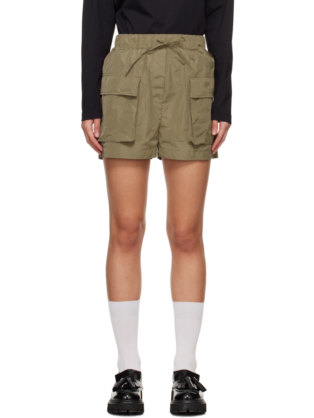 Khaki Drawstring Cargo Shorts - 1