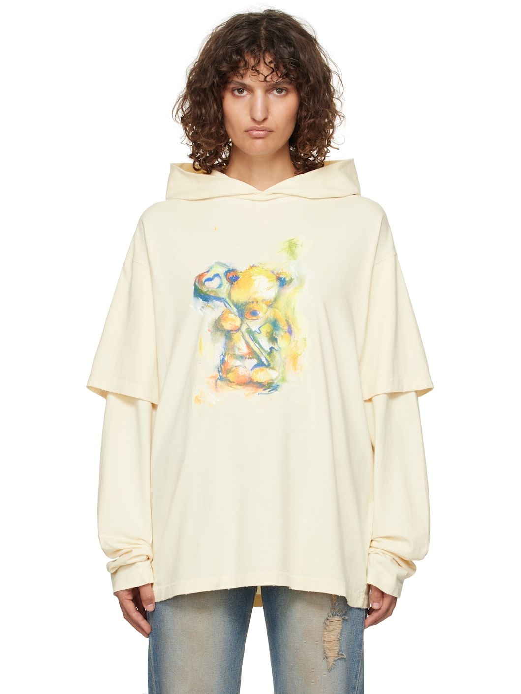 Beige Teddy Bear Layered Hoodie - 1