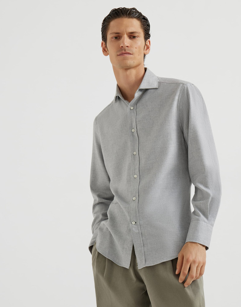 Stretch cotton chevron flannel slim fit shirt with spread collar 1