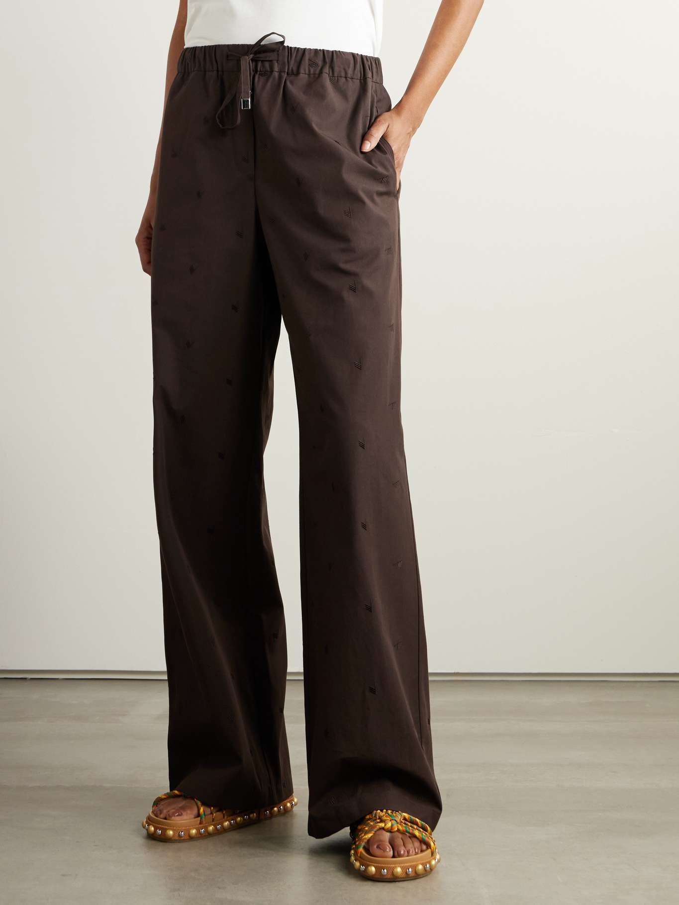 Embroidered cotton-blend poplin wide-leg pants Brown - 3