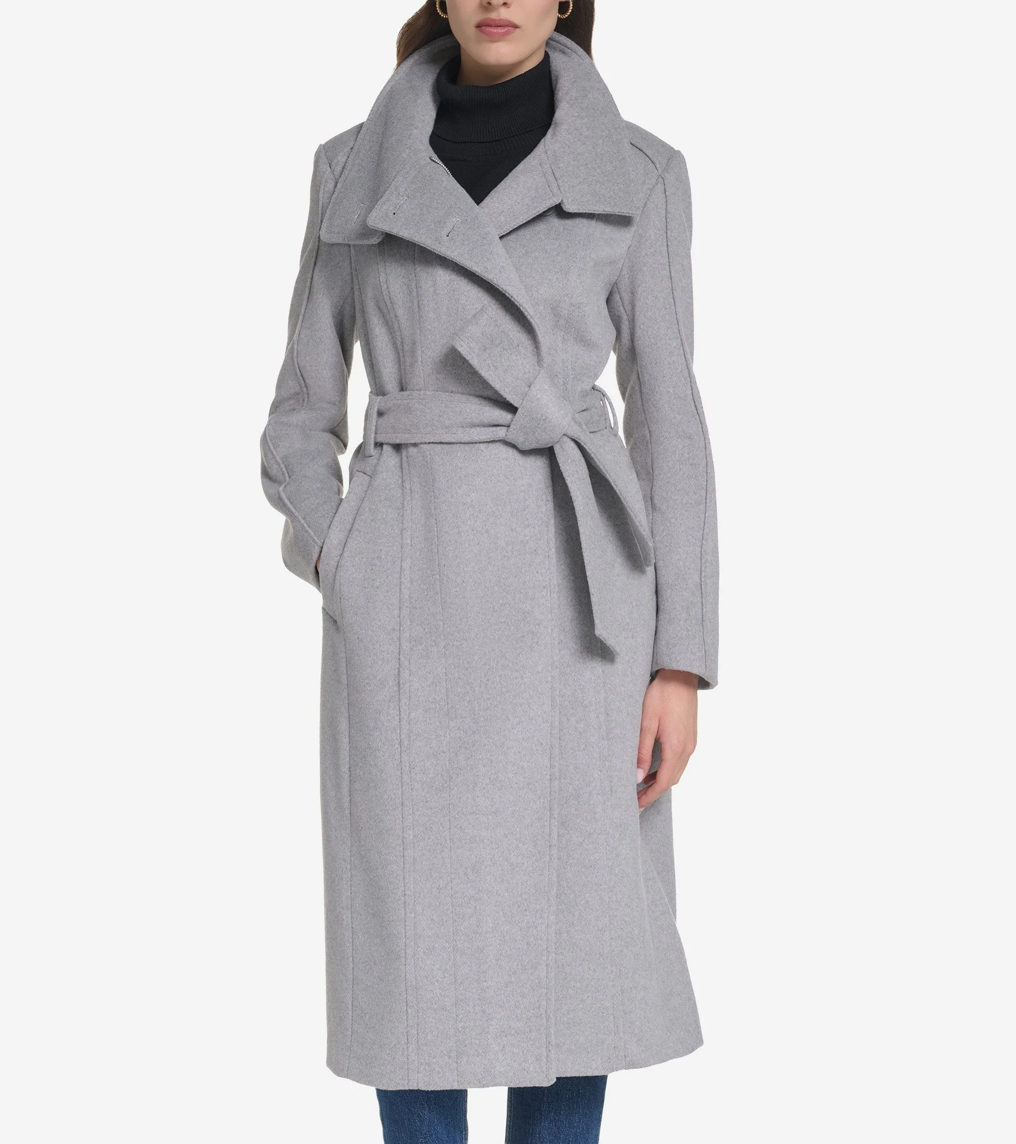 Women's Zip Up Closure Asymmetric Slick Wool Belted Coat - 1