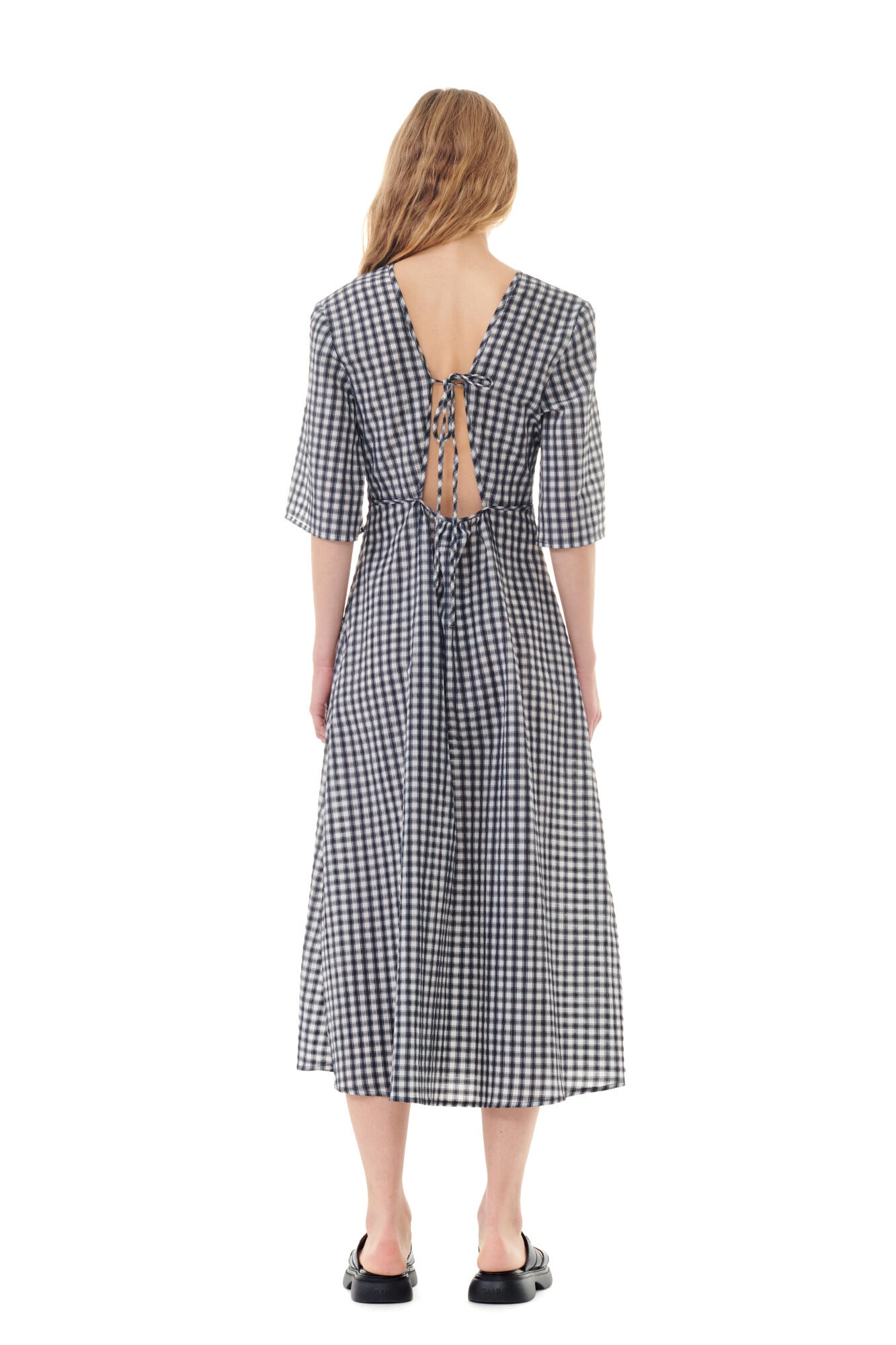 SEERSUCKER CHECK V-NECK LONG DRESS - 5