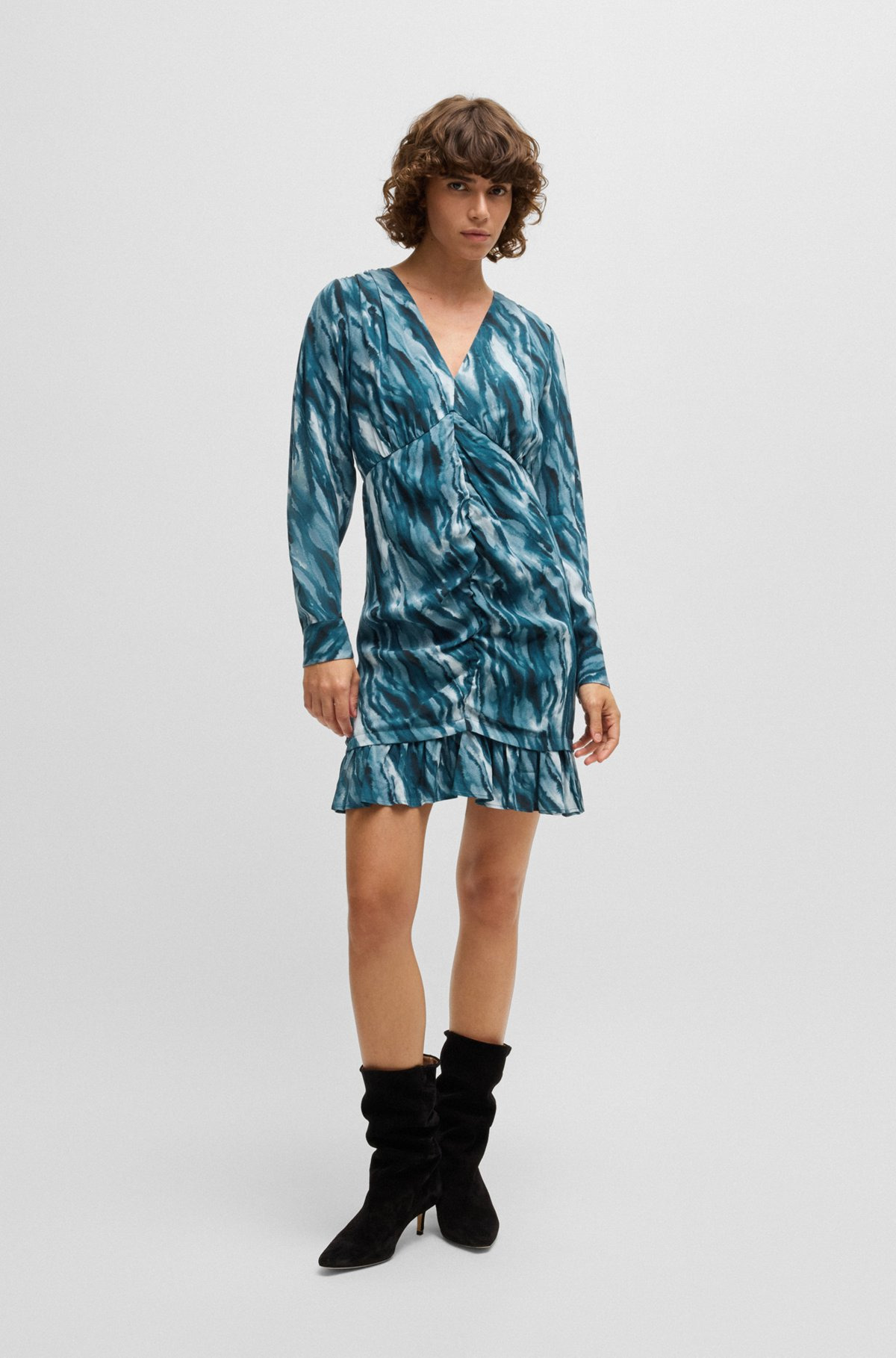 GATHERED-FRONT DRESS WITH MARBLE-EFFECT PRINT - 3