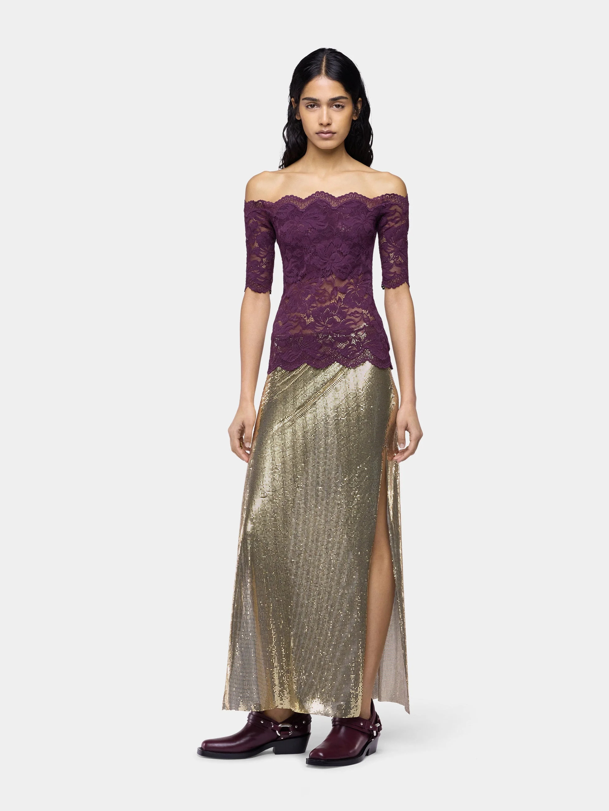 MIDI SKIRT IN HAND-ASSEMBLED GOLD MESH - 1