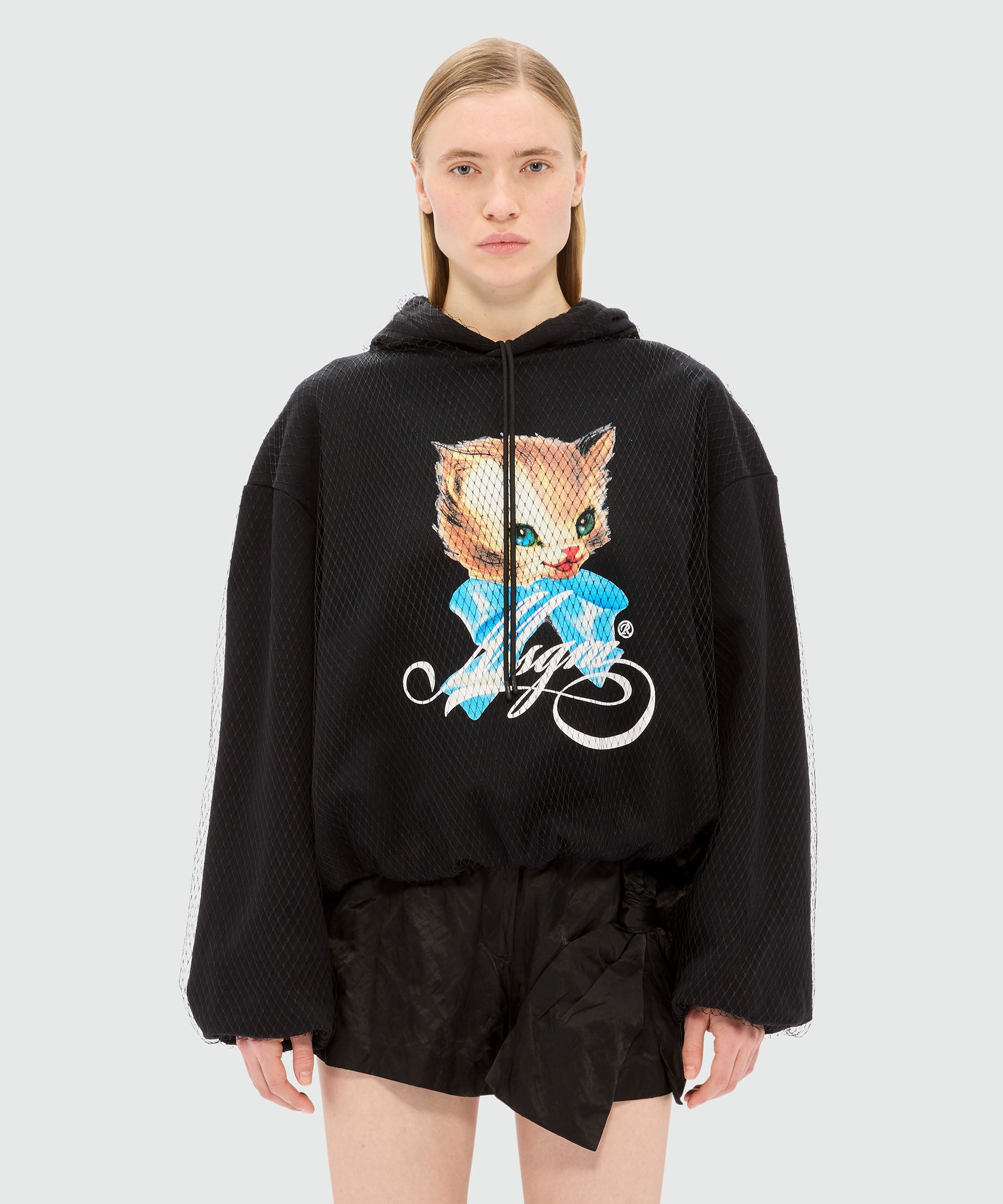 Black jersey sweatshirt with tulle and "Cute Kitty" print - 2