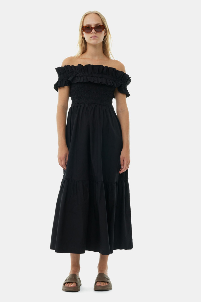 GANNI BLACK COTTON POPLIN LONG SMOCK DRESS outlook