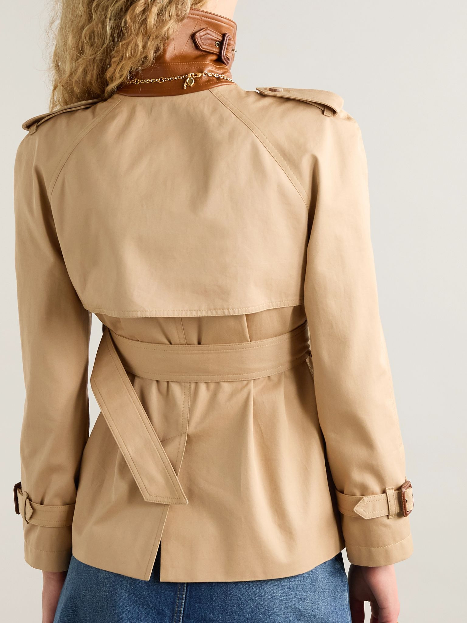 Double-breasted leather-trimmed cotton-gabardine trench coat Light brown - 3