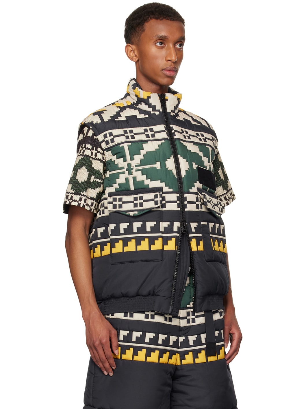 Black & Green Knit Pattern Quilted Vest - 2