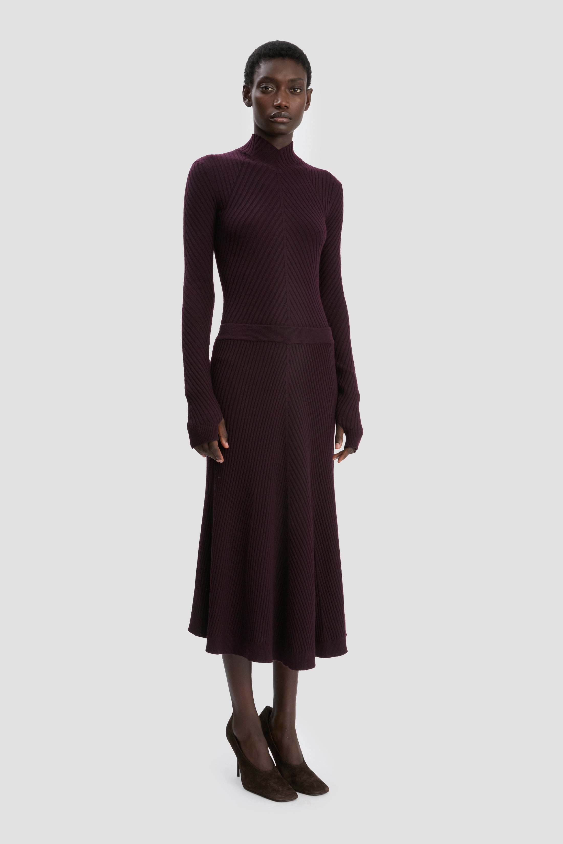 Ribbed Knit Midi Skirt In Merlot - 3