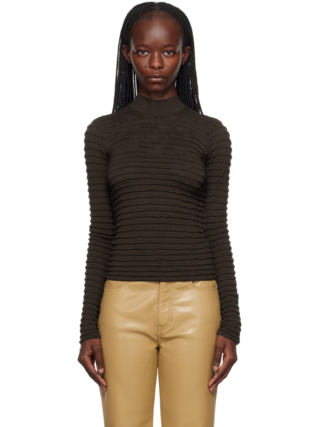 Brown Smocked Turtleneck - 1