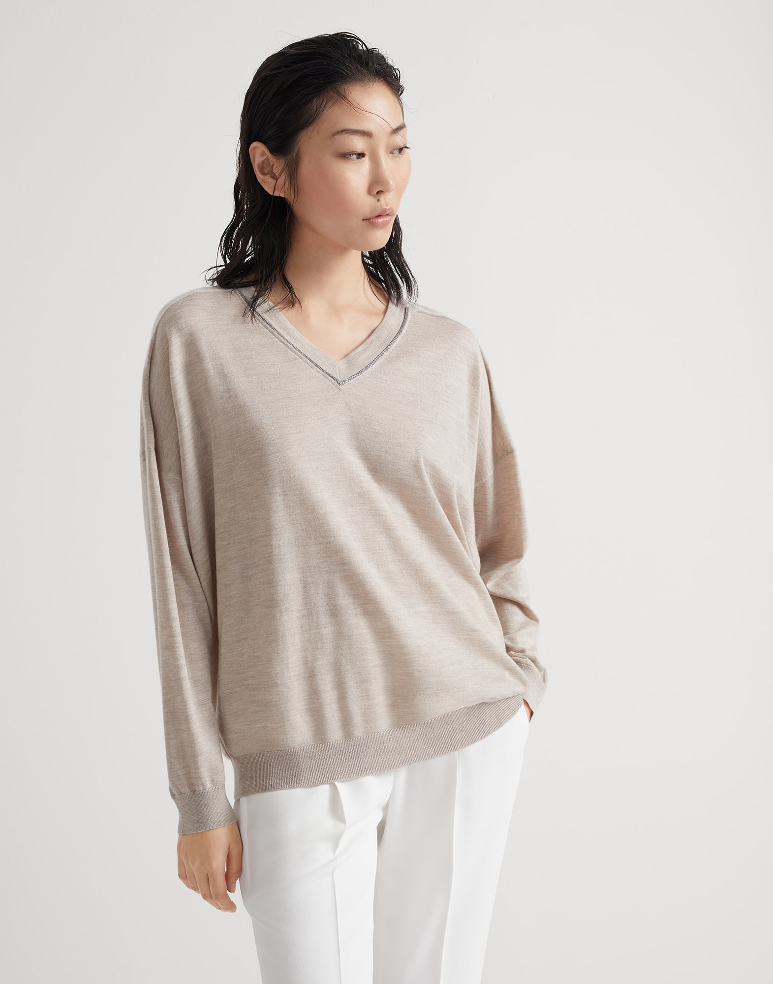Cashmere and silk lightweight sweater with shiny collar trim - 1