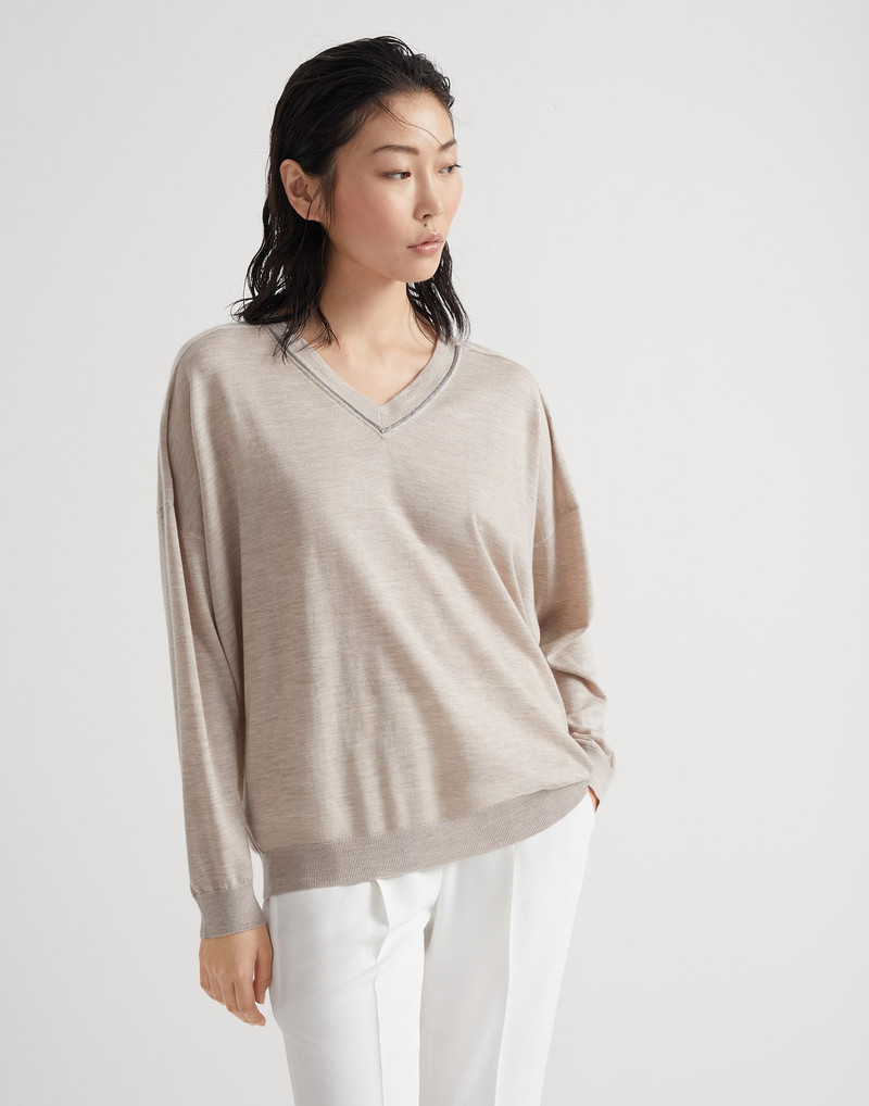 Cashmere and silk lightweight sweater with shiny collar trim 1