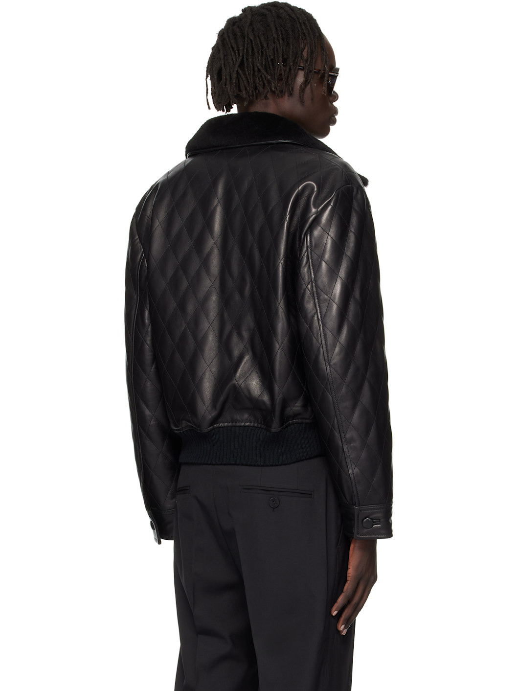 Black Quilted Leather Bomber Jacket - 3