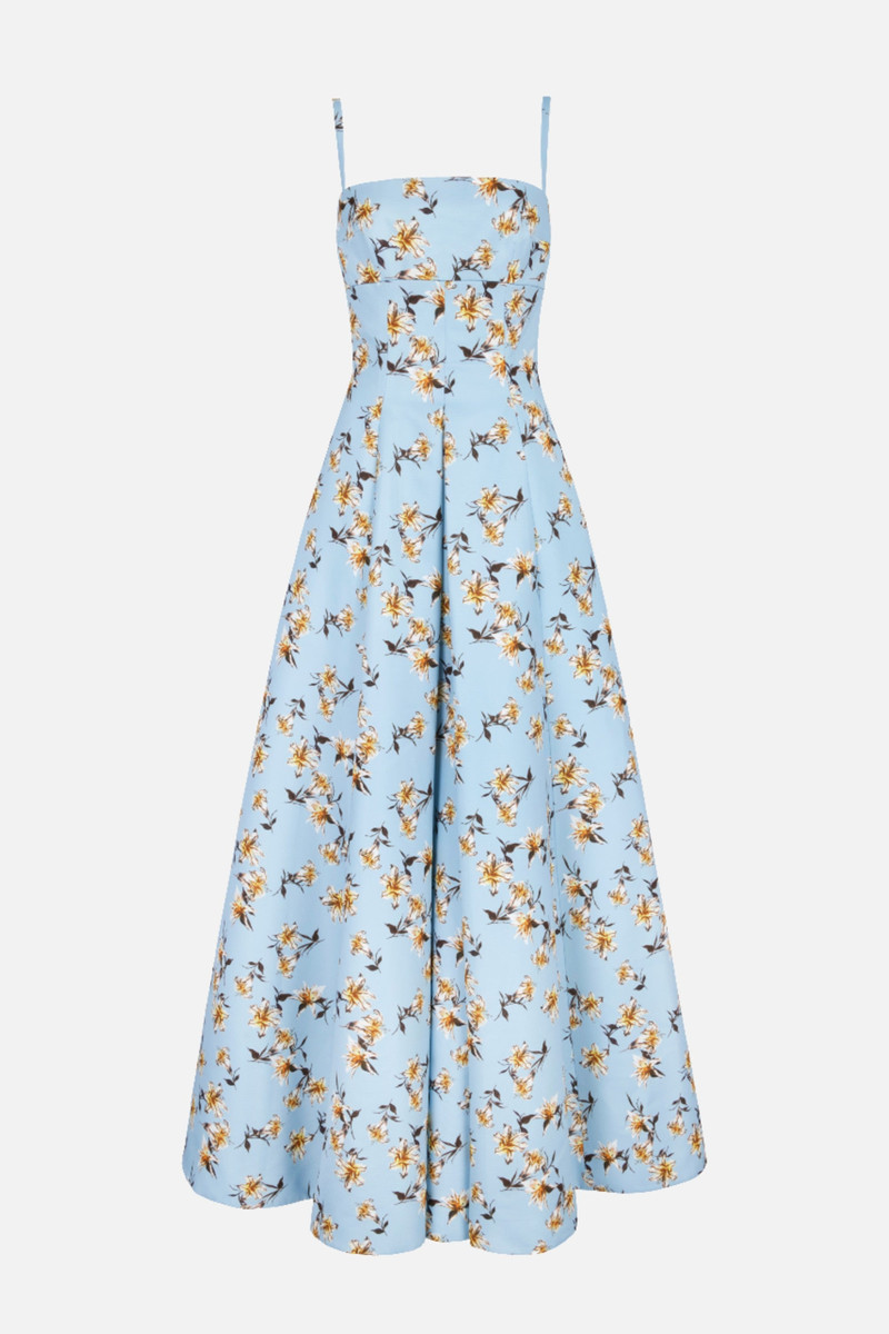 Oceana Dress In Blue Summer Lillies Taffeta Faille 1