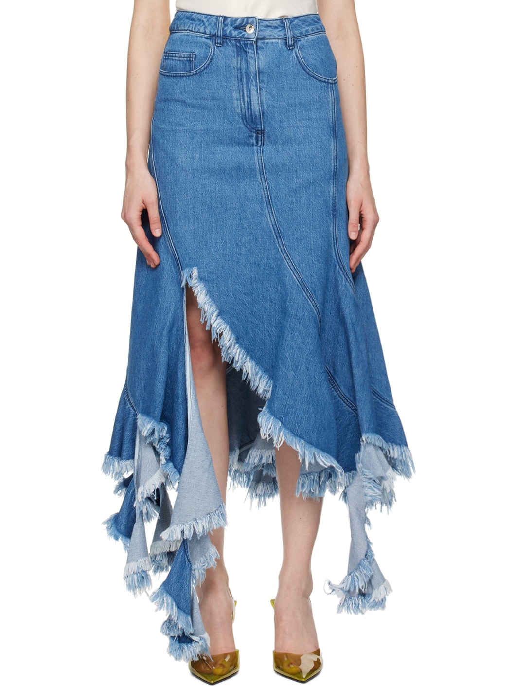 Blue Frayed Denim Midi Skirt - 1