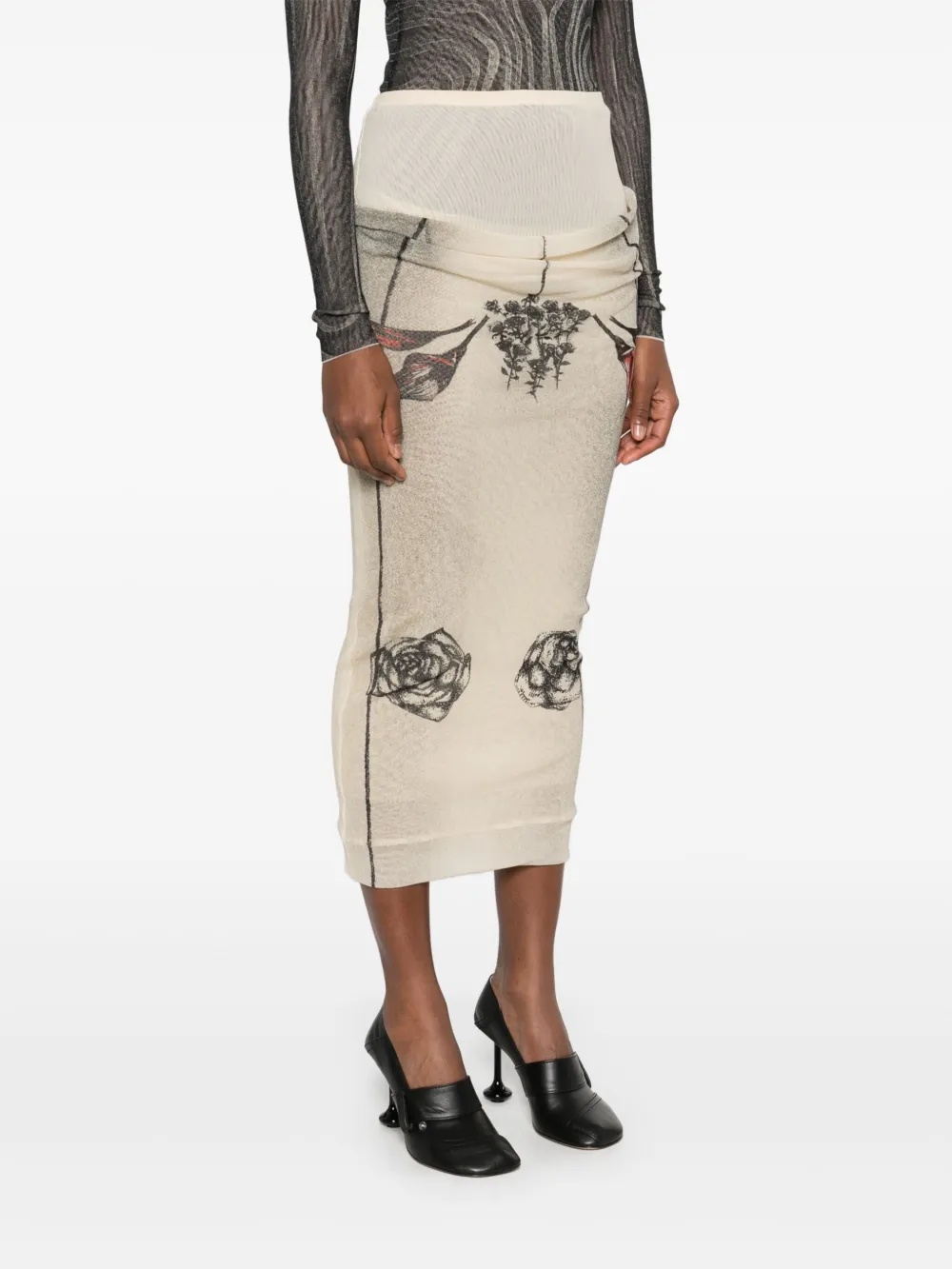 JEAN PAUL GAULTIER - Women Printed "Tattoo Rose & Bird" Double Layer Mesh Skirt - 2