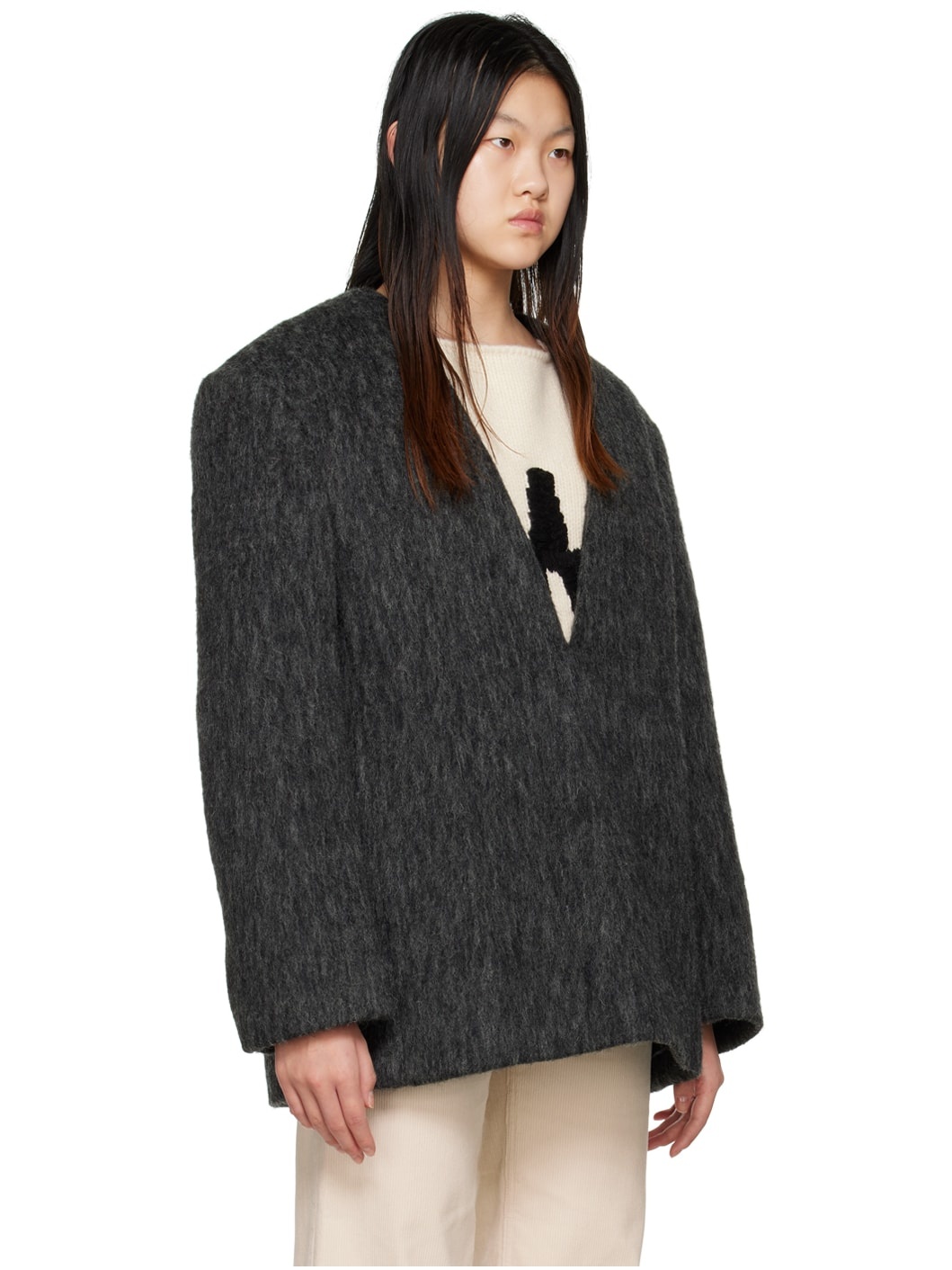 Gray Y-Neck Sweater - 2