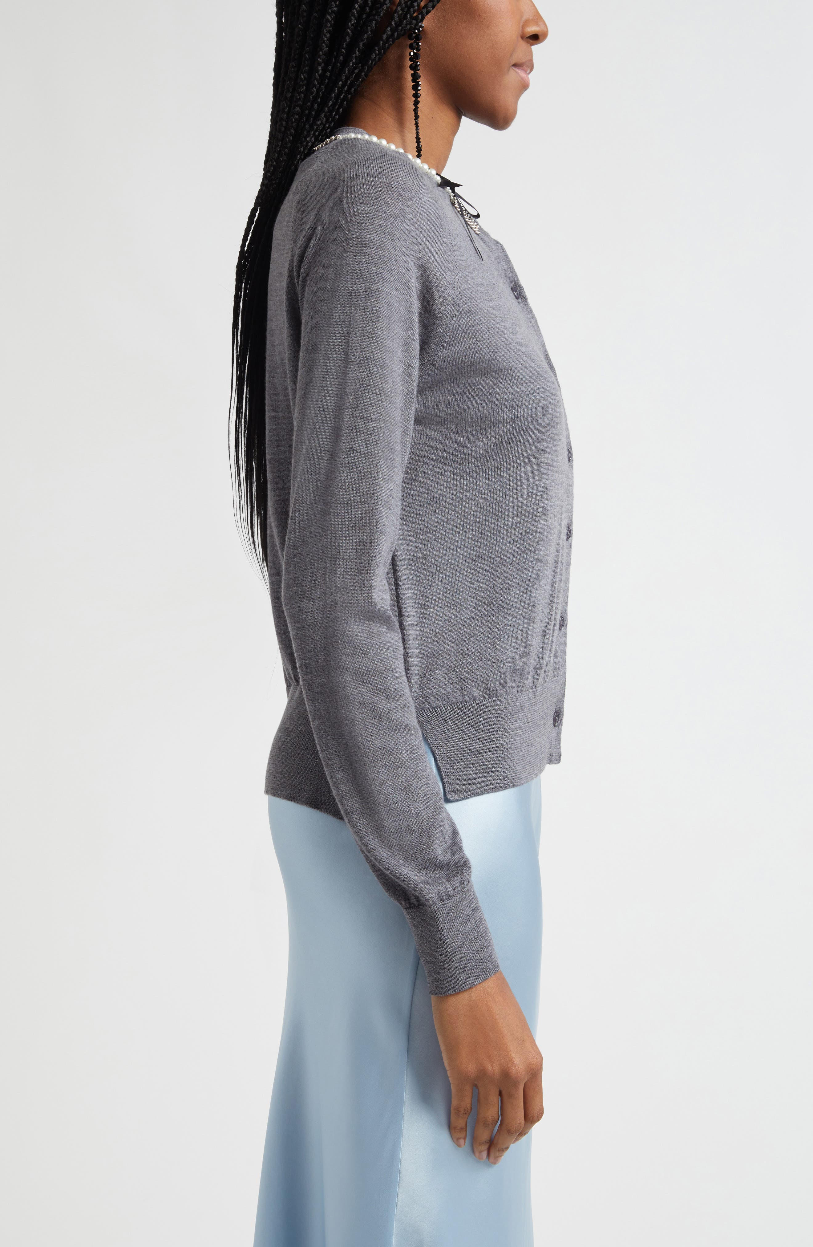 Simone Rocha Classic Long Sleeve Merino Wool & Silk Cardigan with Faux Pearl Detail in Charcoal/Pear - 4