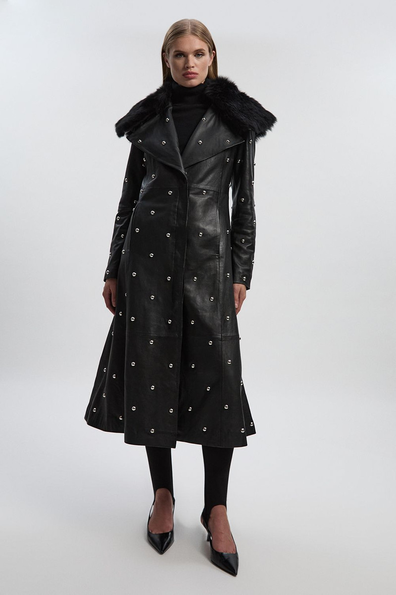 Leather & Shearling Collar Studded Belted Maxi Coat 1