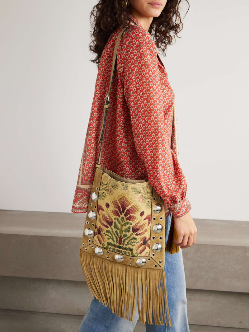 Valentino Nellcôte fringed studded eyelet-embellished jacquard and suede tote Multi outlook